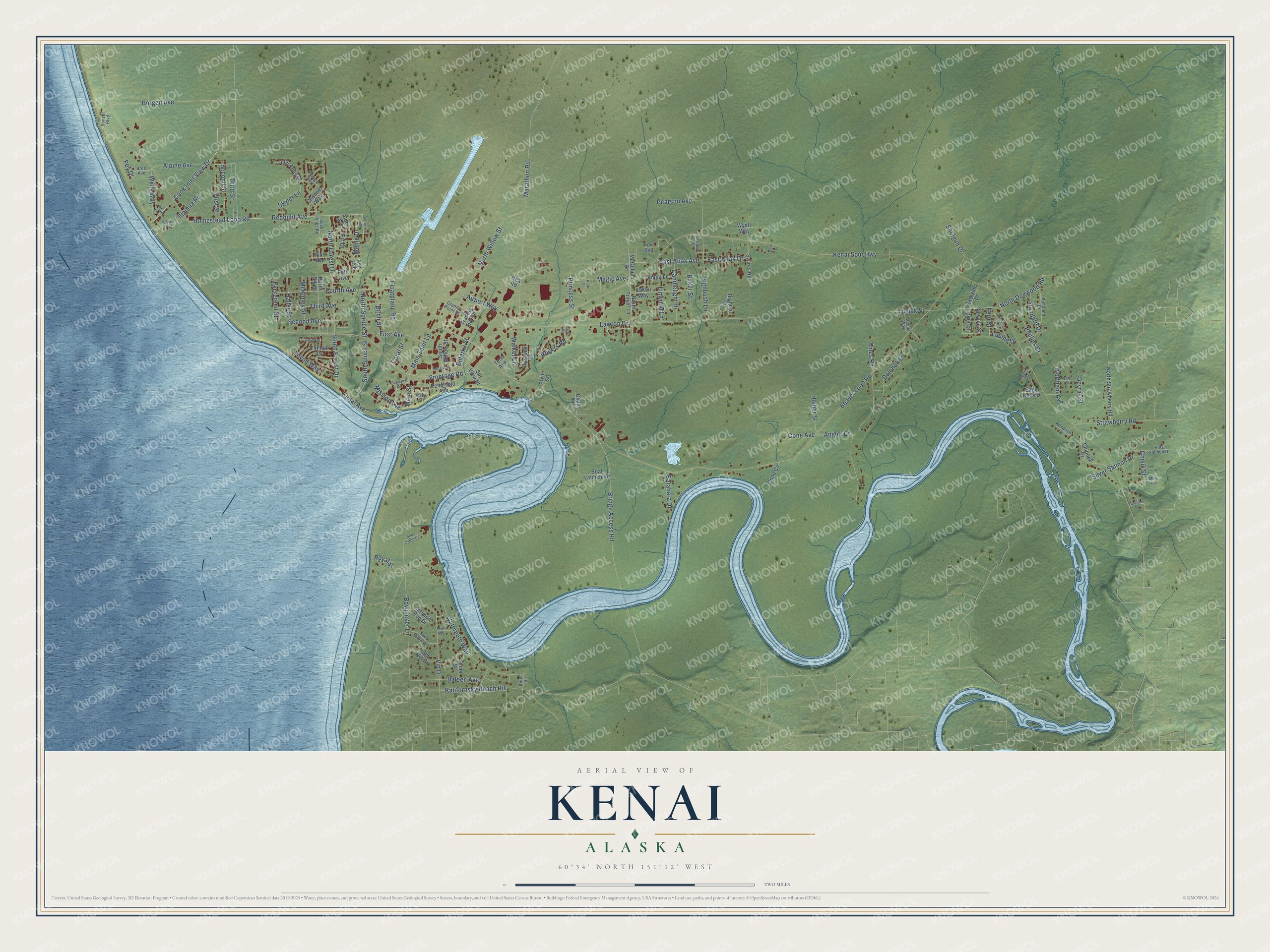 Full map of Kenai, Alaska, with red buildings, printed street names and the land around them
