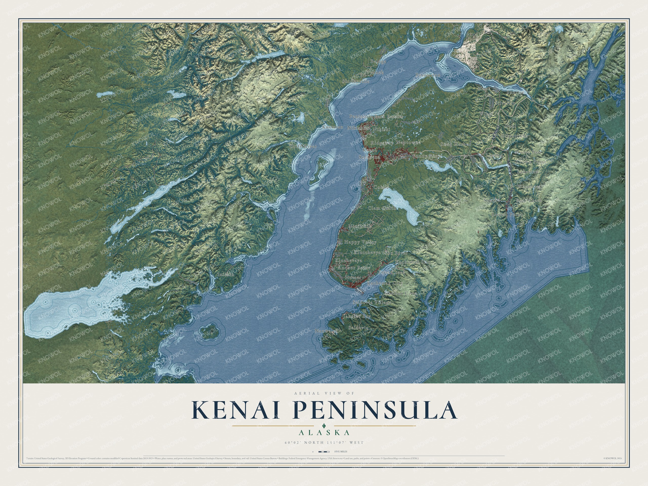 Full map of Kenai Peninsula, Alaska, with red buildings, printed street names and the land around them