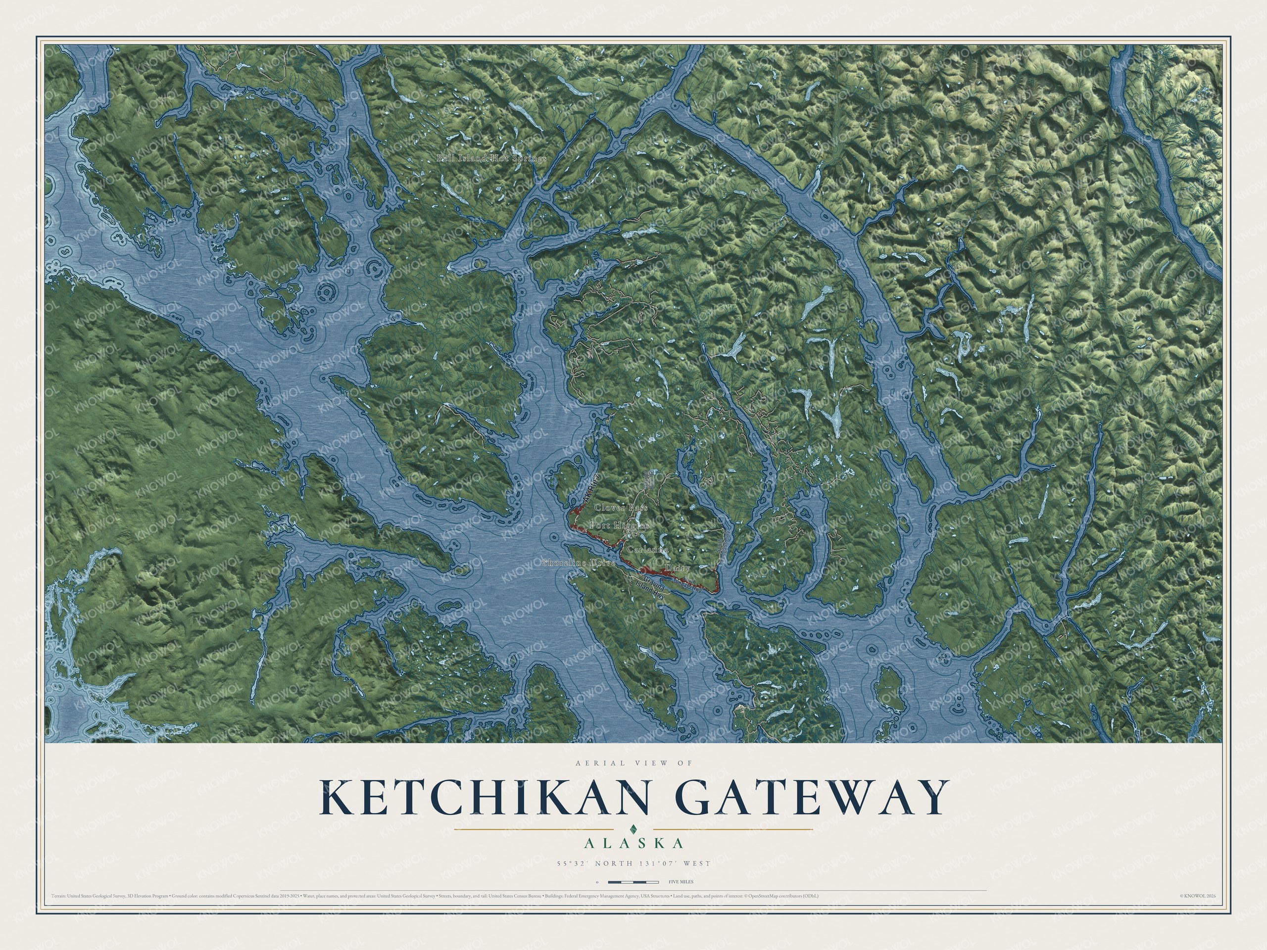 Full map of Ketchikan Gateway, Alaska, with red buildings, printed street names and the land around them