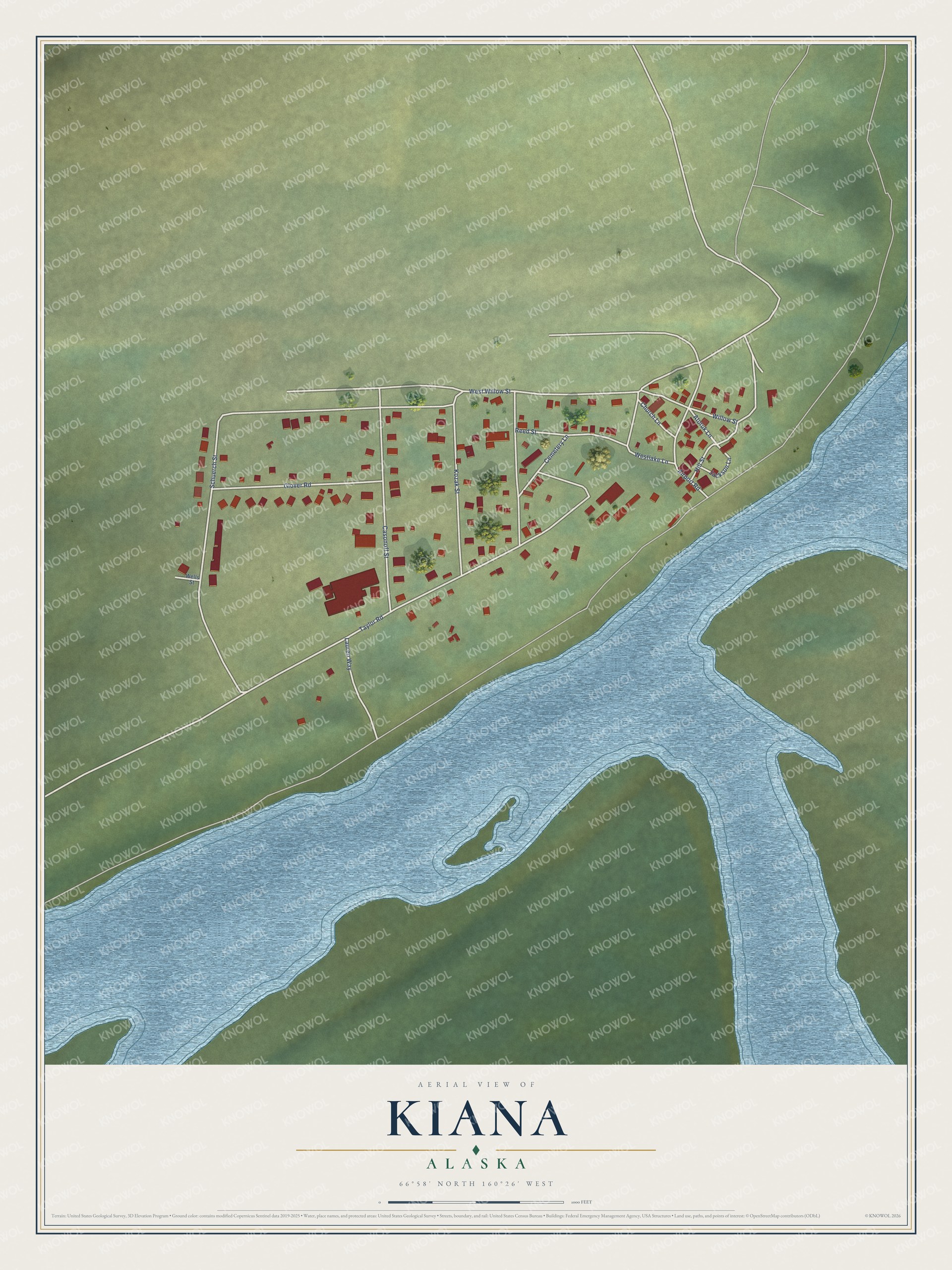 Full map of Kiana, Alaska, with red buildings, printed street names and the land around them