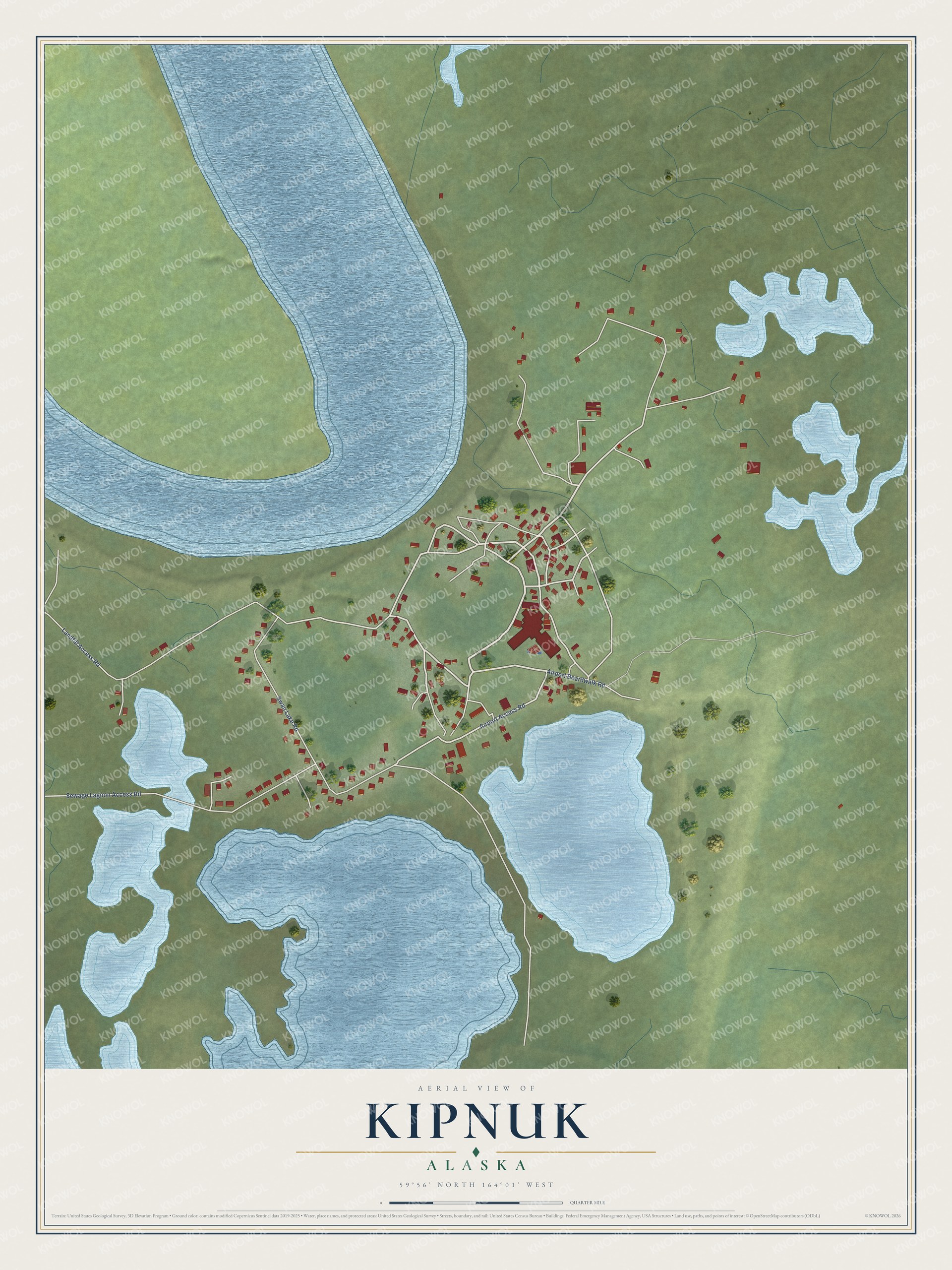 Full map of Kipnuk, Alaska, with red buildings, printed street names and the land around them