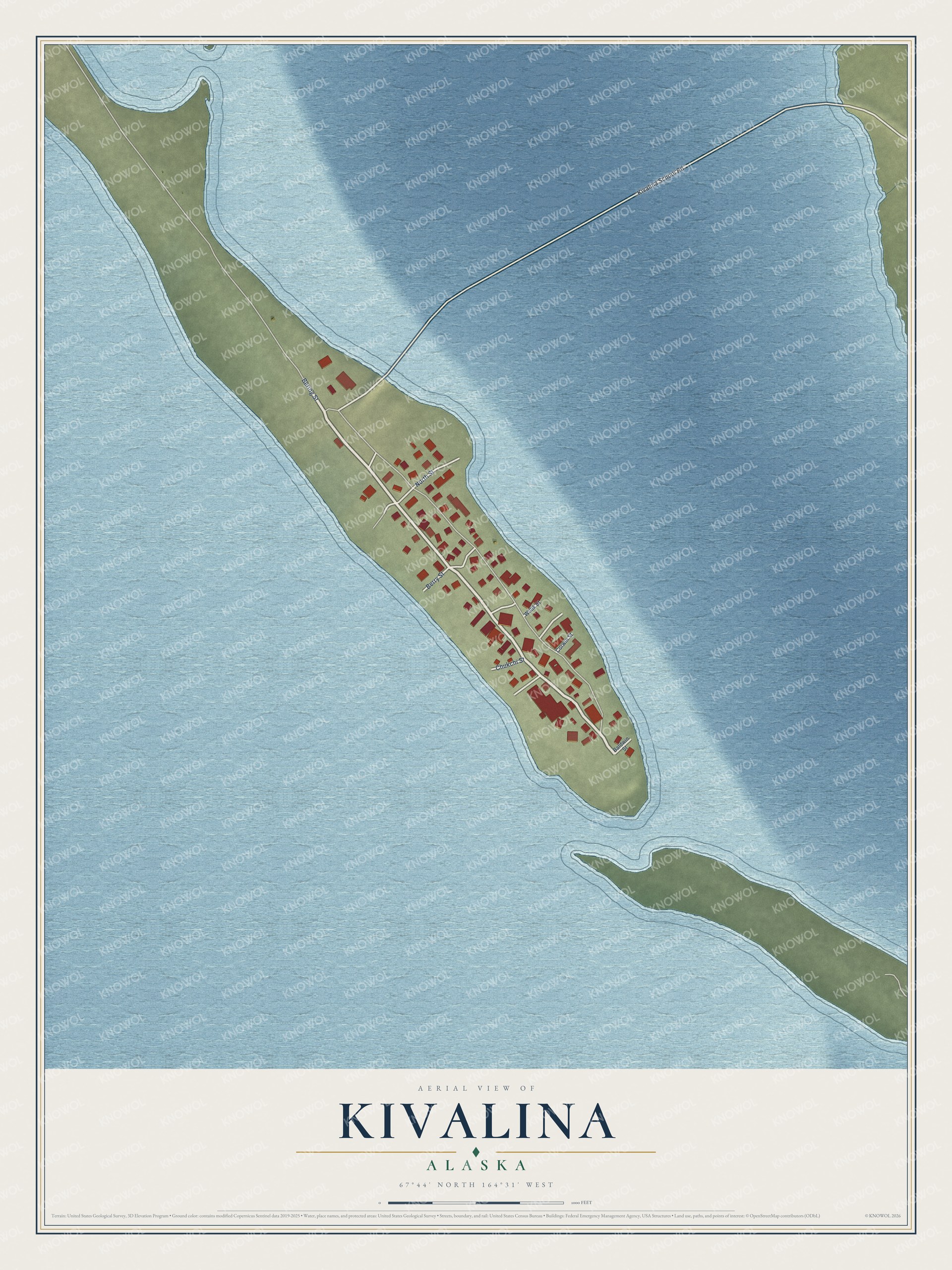 Full map of Kivalina, Alaska, with red buildings, printed street names and the land around them