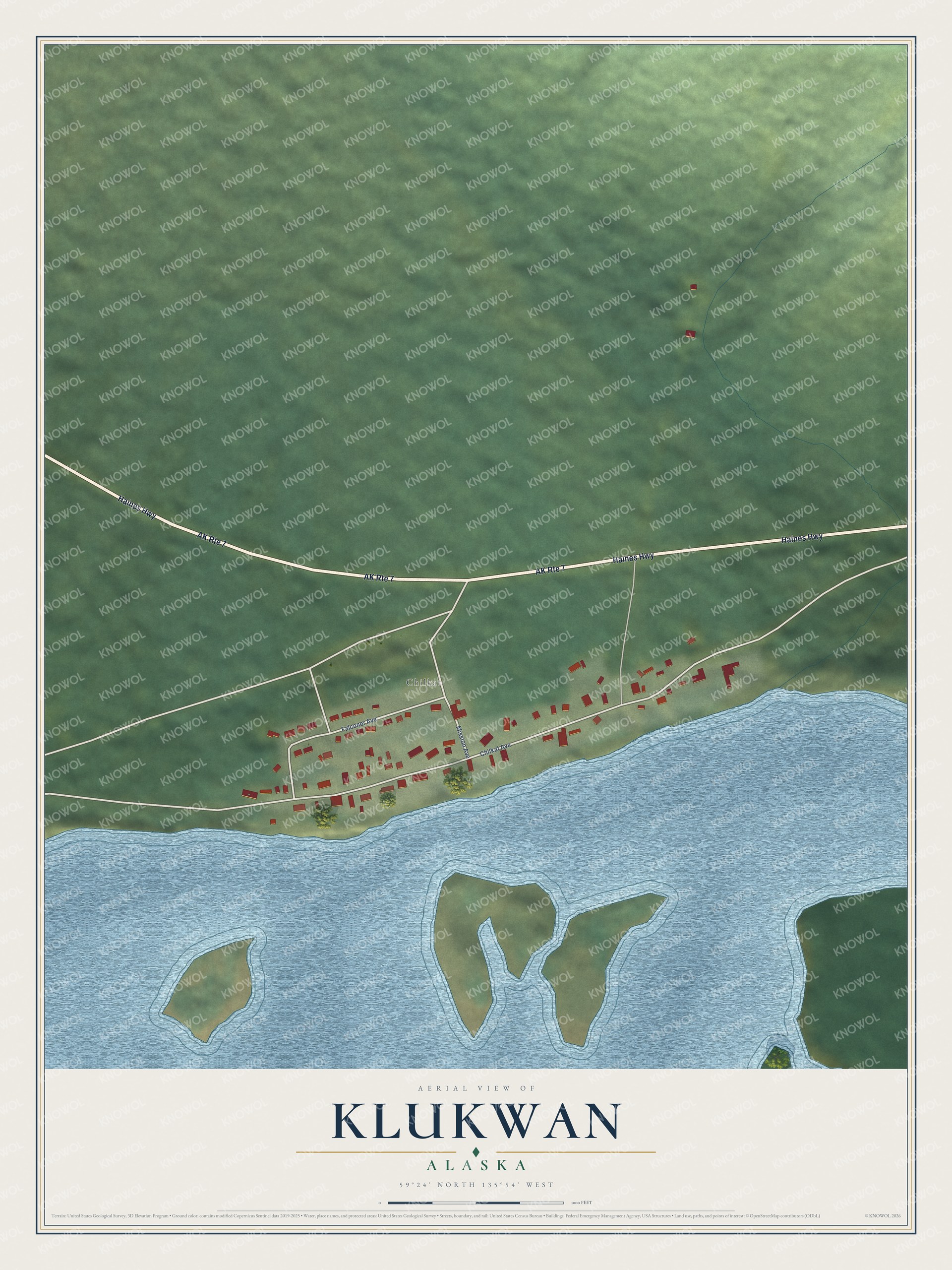 Full map of Klukwan, Alaska, with red buildings, printed street names and the land around them