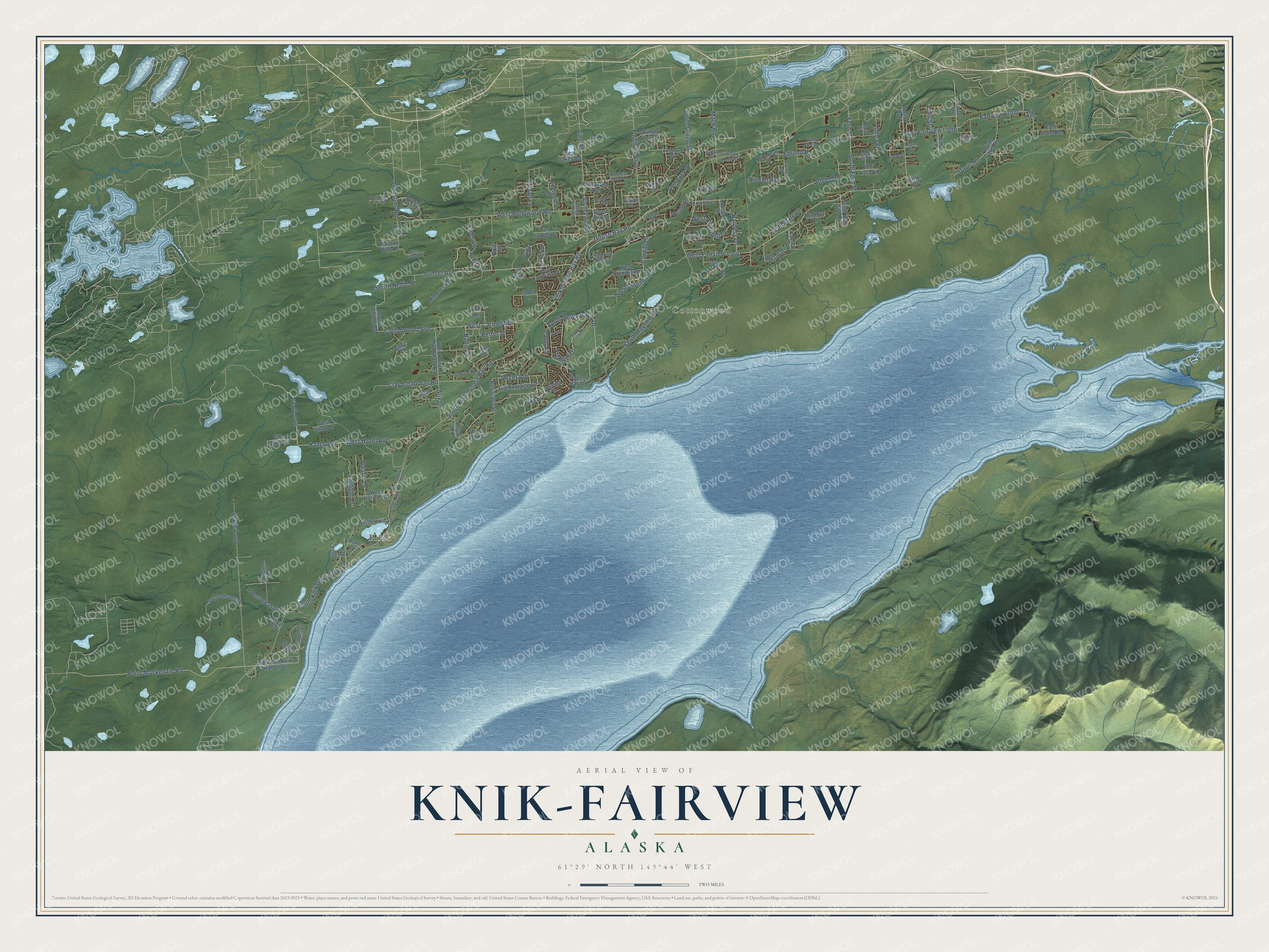 Full map of Knik-Fairview, Alaska, with red buildings, printed street names and the land around them