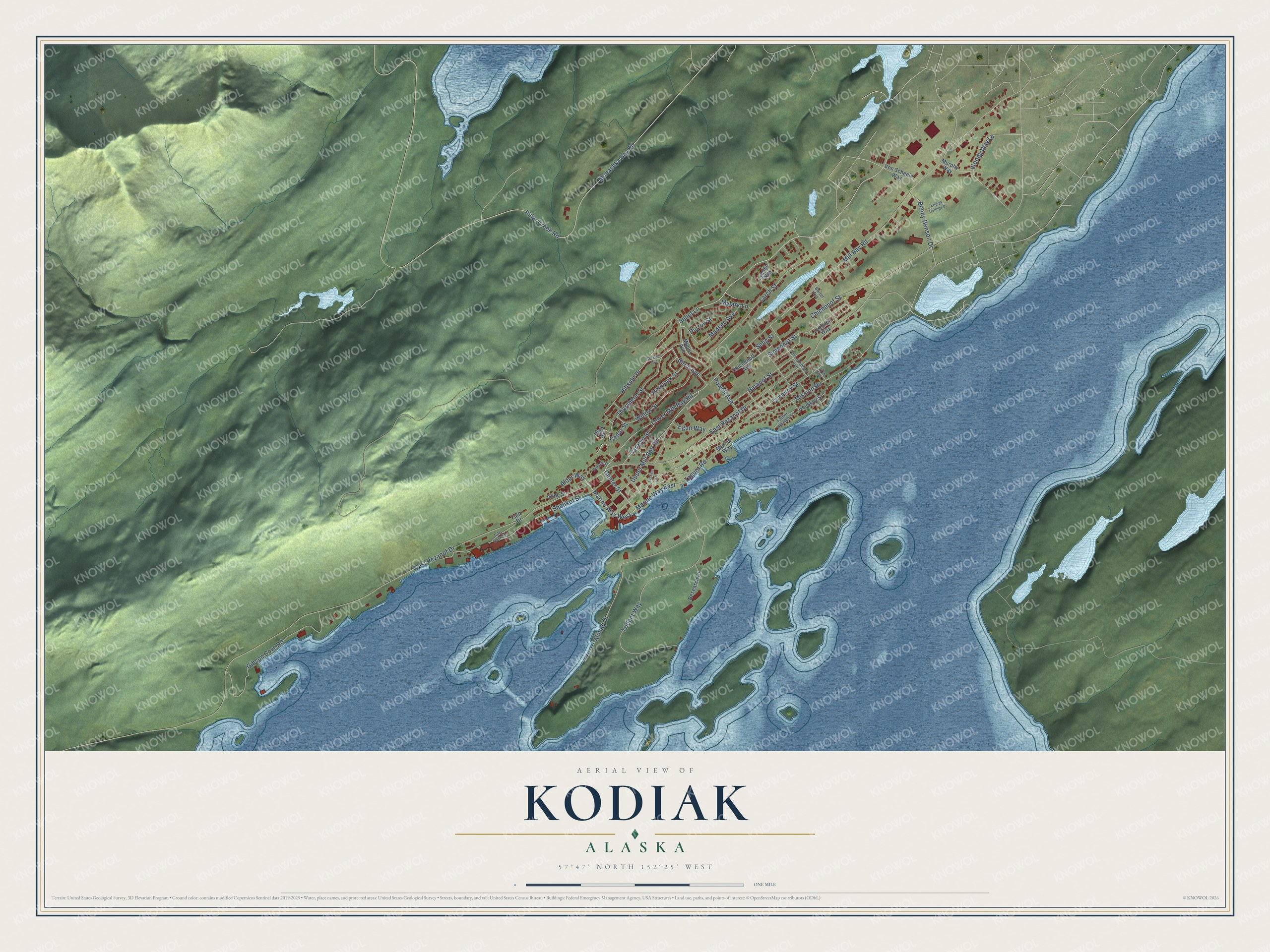 Full map of Kodiak, Alaska, with red buildings, printed street names and the land around them