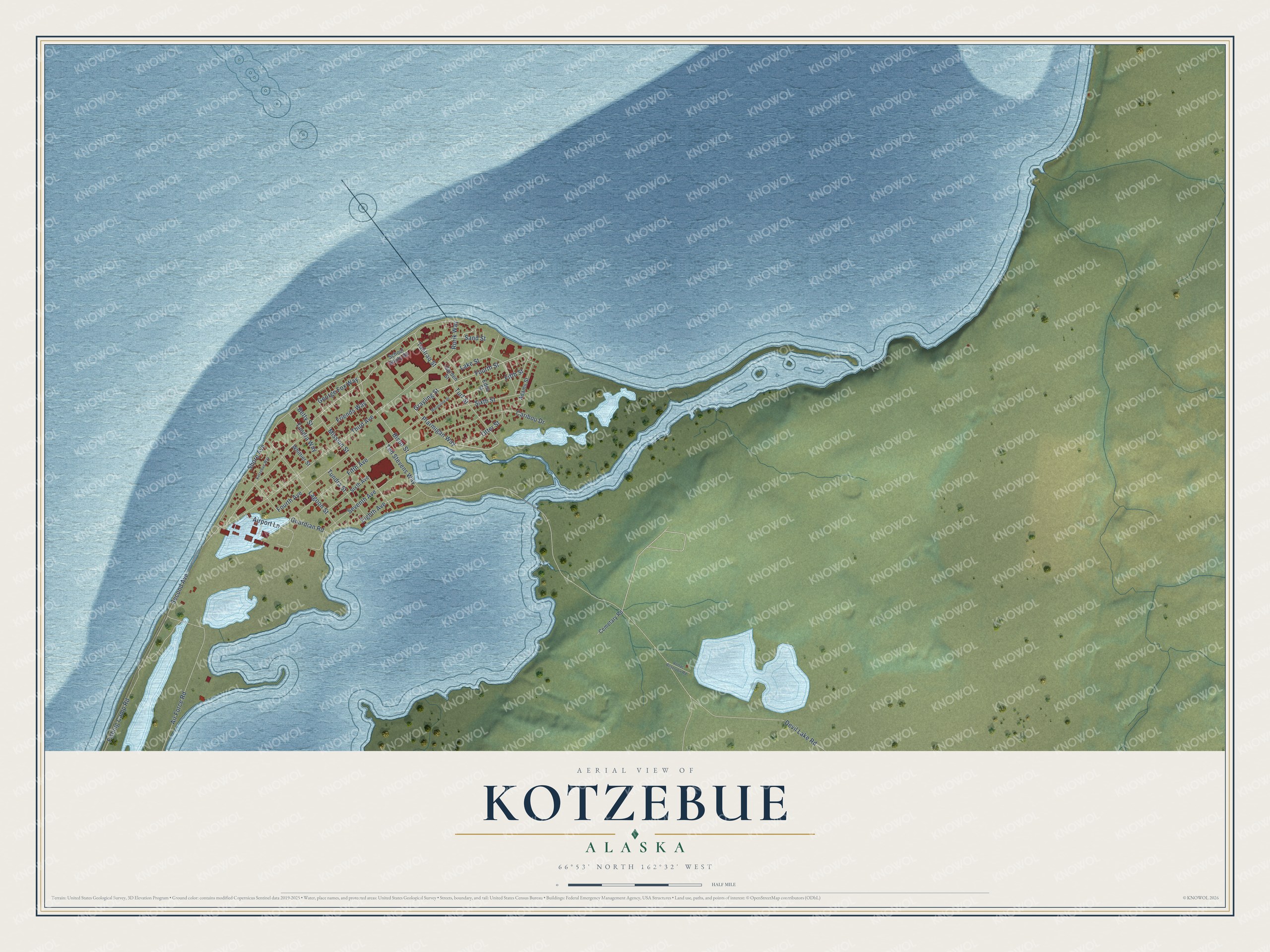 Full map of Kotzebue, Alaska, with red buildings, printed street names and the land around them