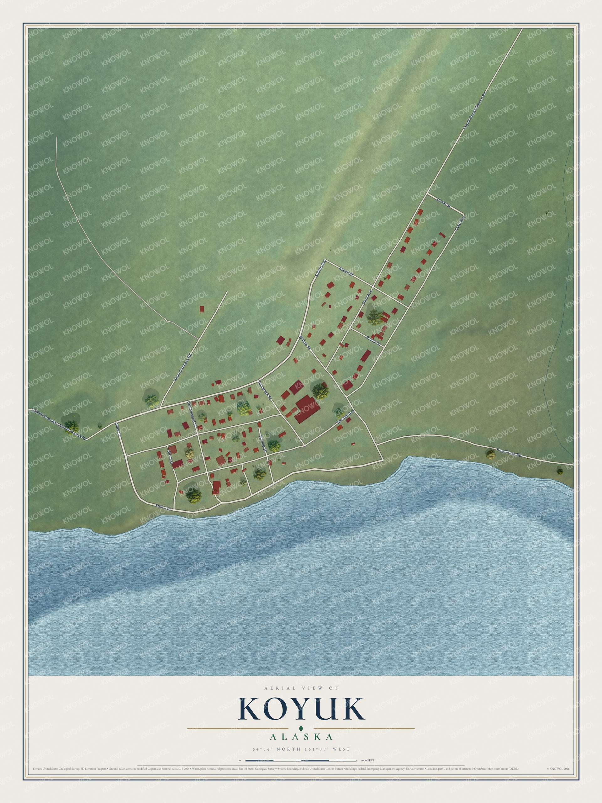 Full map of Koyuk, Alaska, with red buildings, printed street names and the land around them