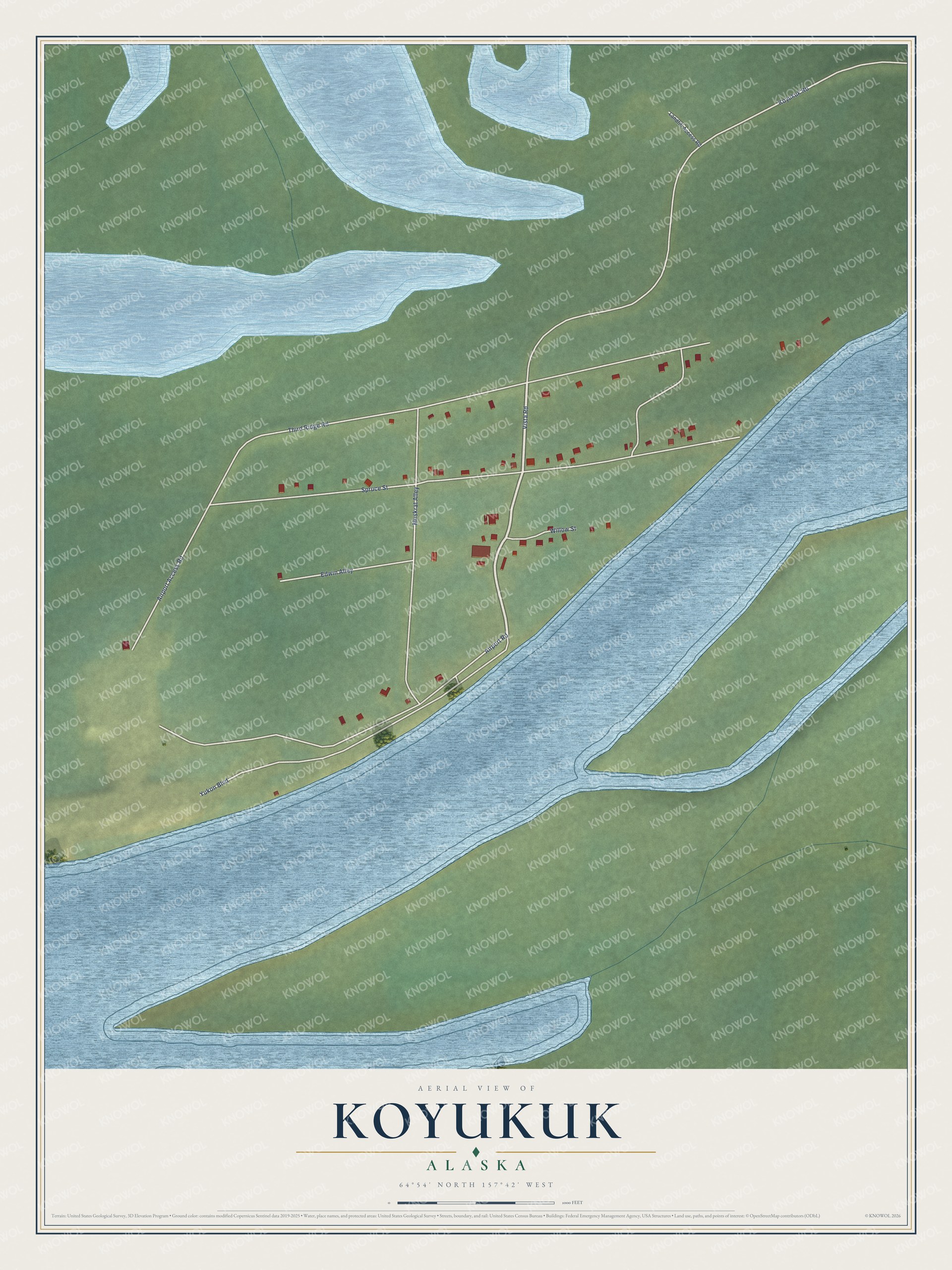 Full map of Koyukuk, Alaska, with red buildings, printed street names and the land around them