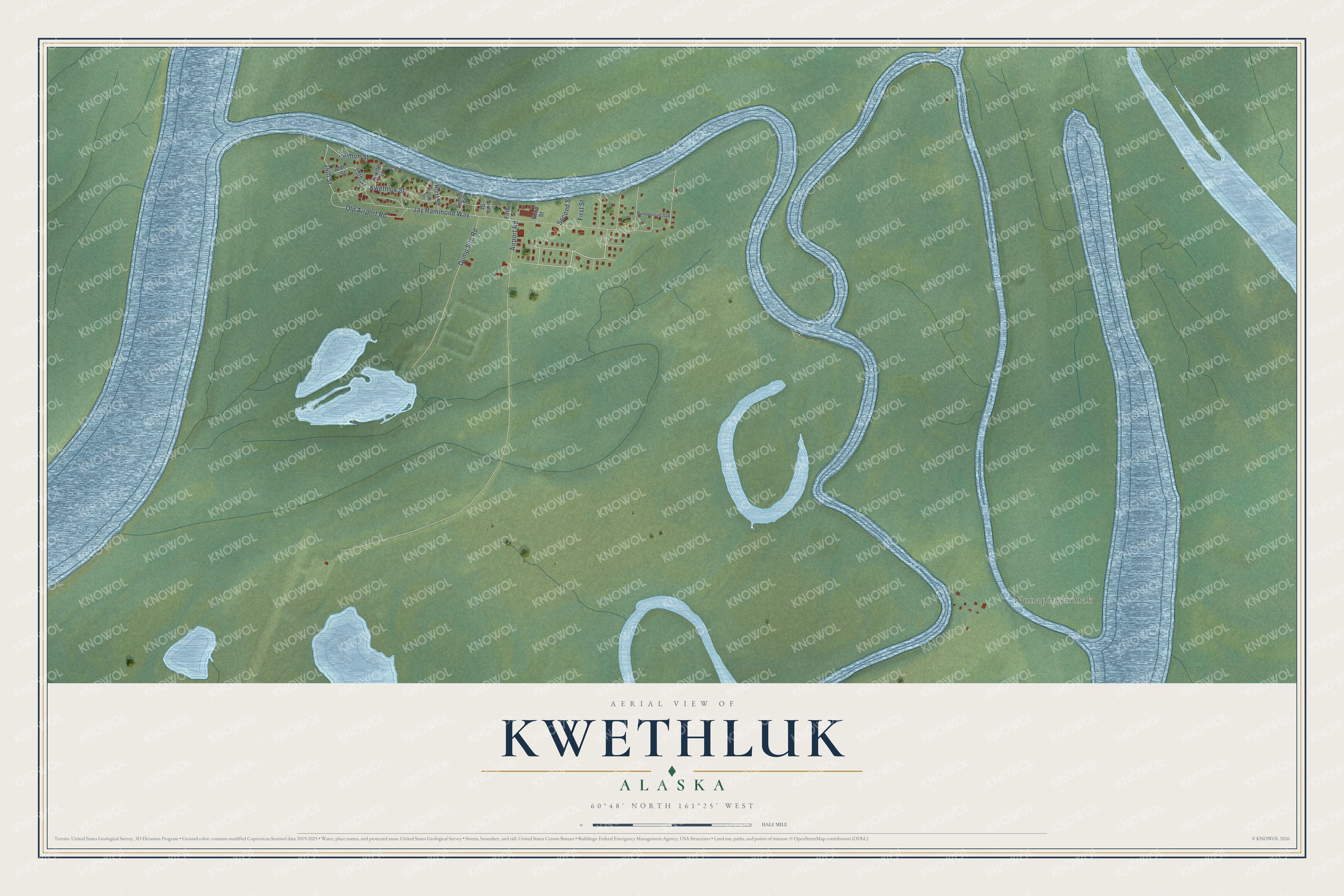 Full map of Kwethluk, Alaska, with red buildings, printed street names and the land around them