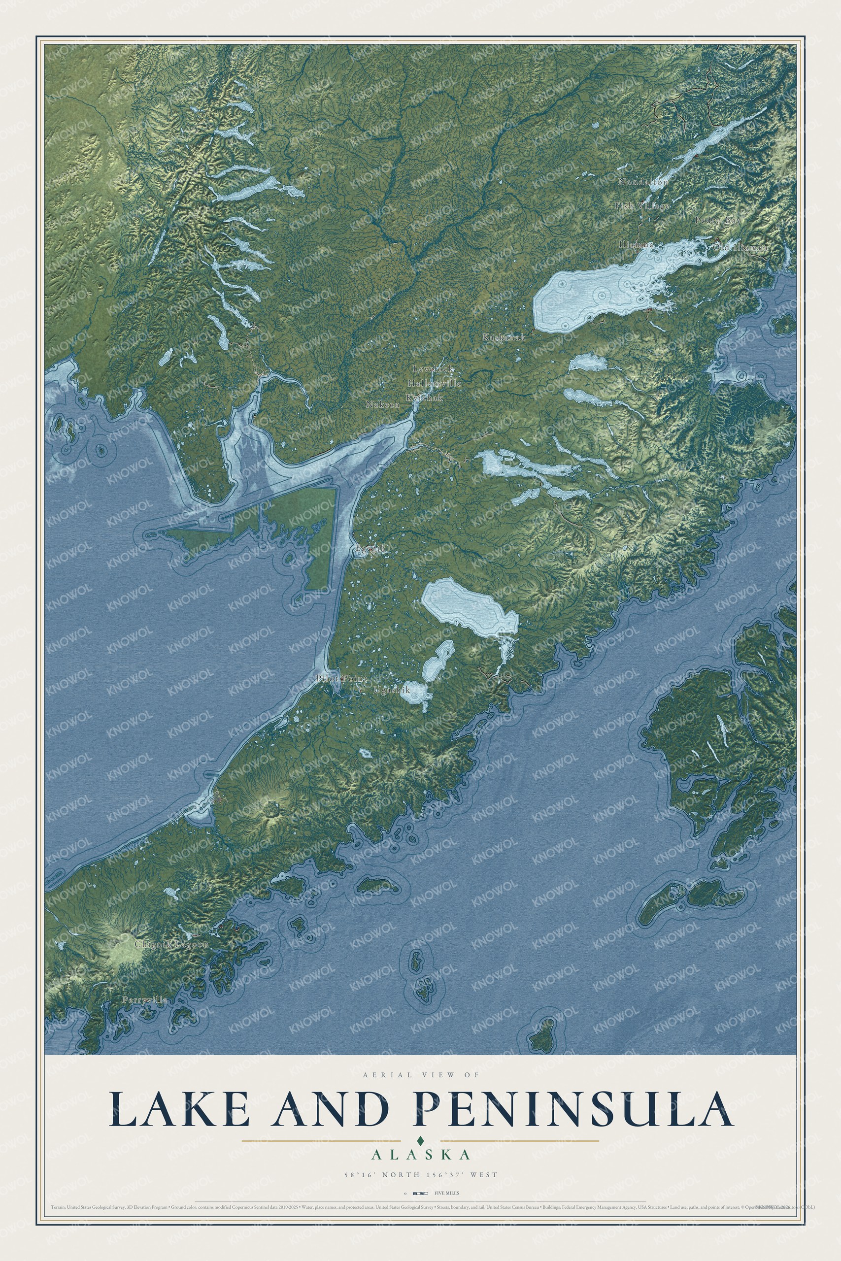 Full map of Lake and Peninsula, Alaska, with red buildings, printed street names and the land around them