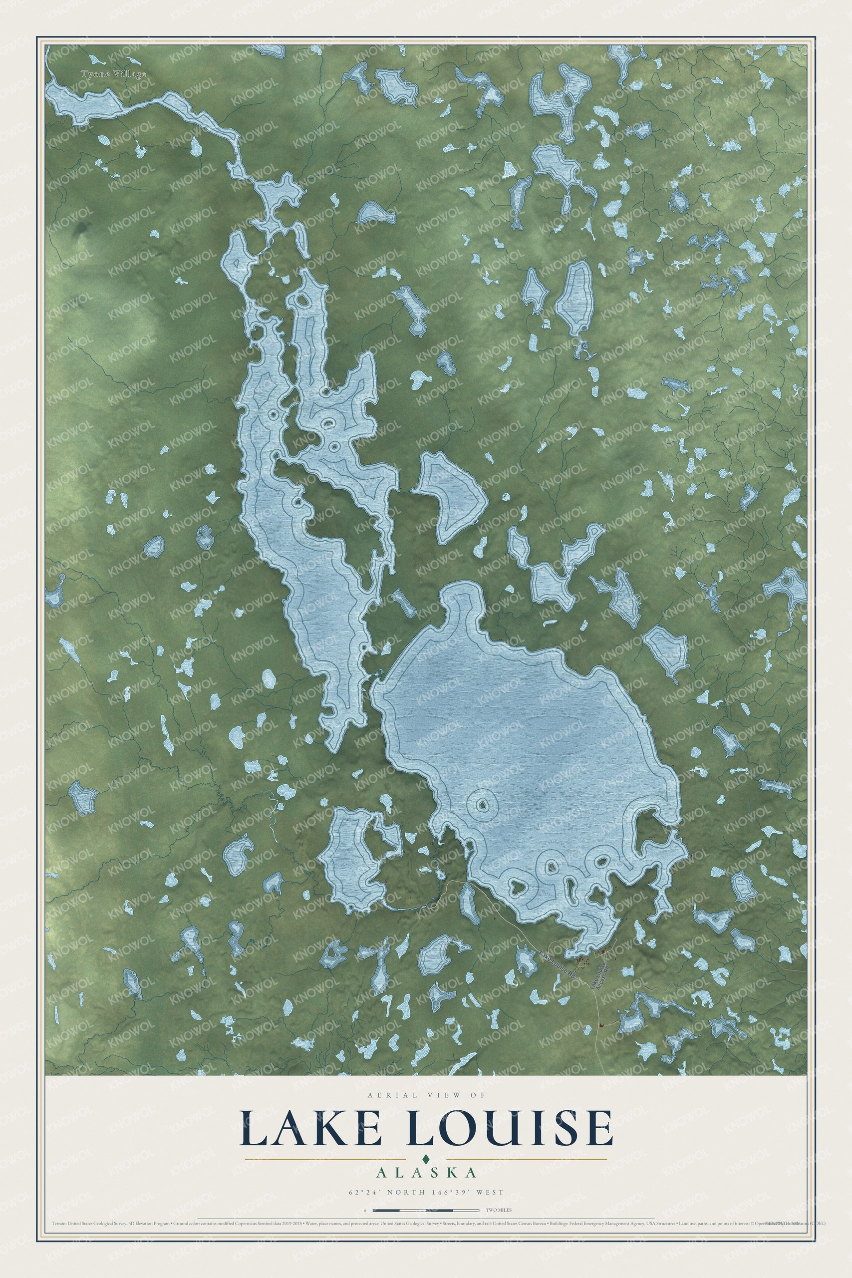 Full map of Lake Louise, Alaska, with red buildings, printed street names and the land around them