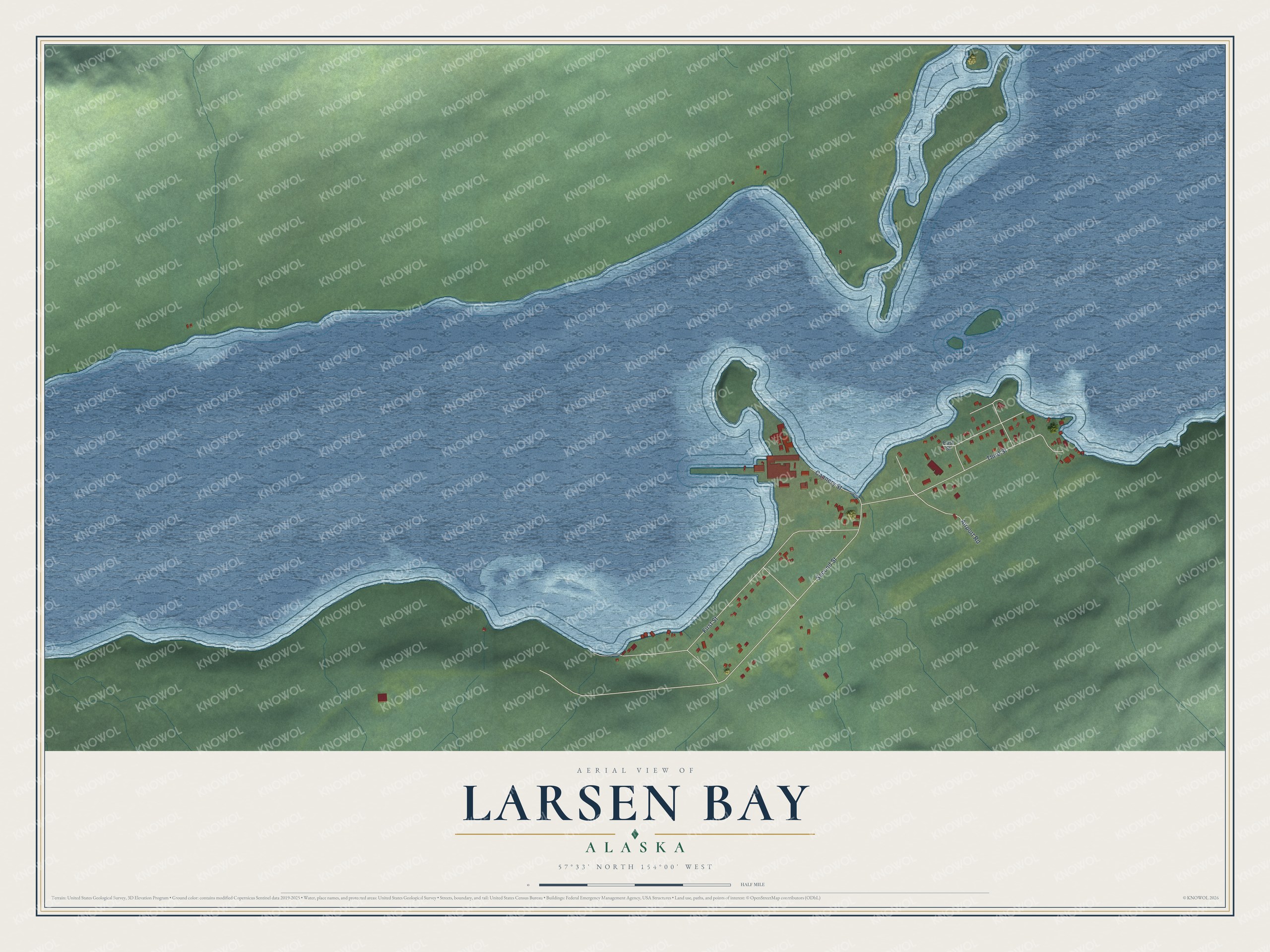 Full map of Larsen Bay, Alaska, with red buildings, printed street names and the land around them