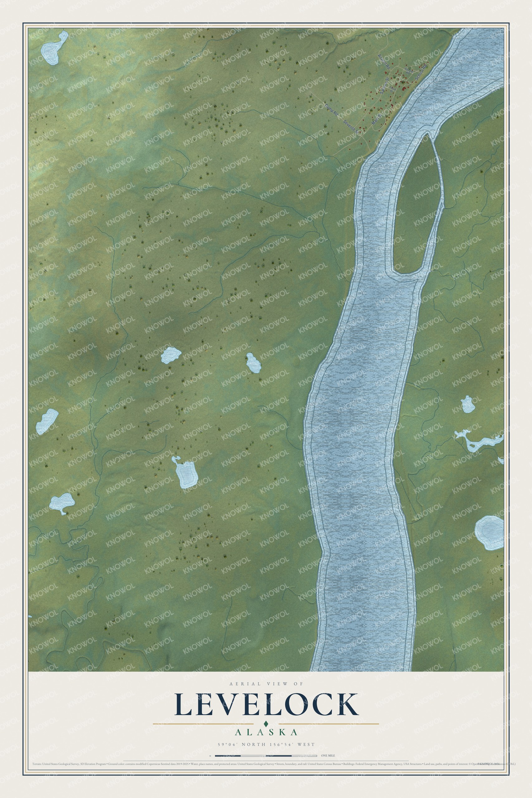 Full map of Levelock, Alaska, with red buildings, printed street names and the land around them