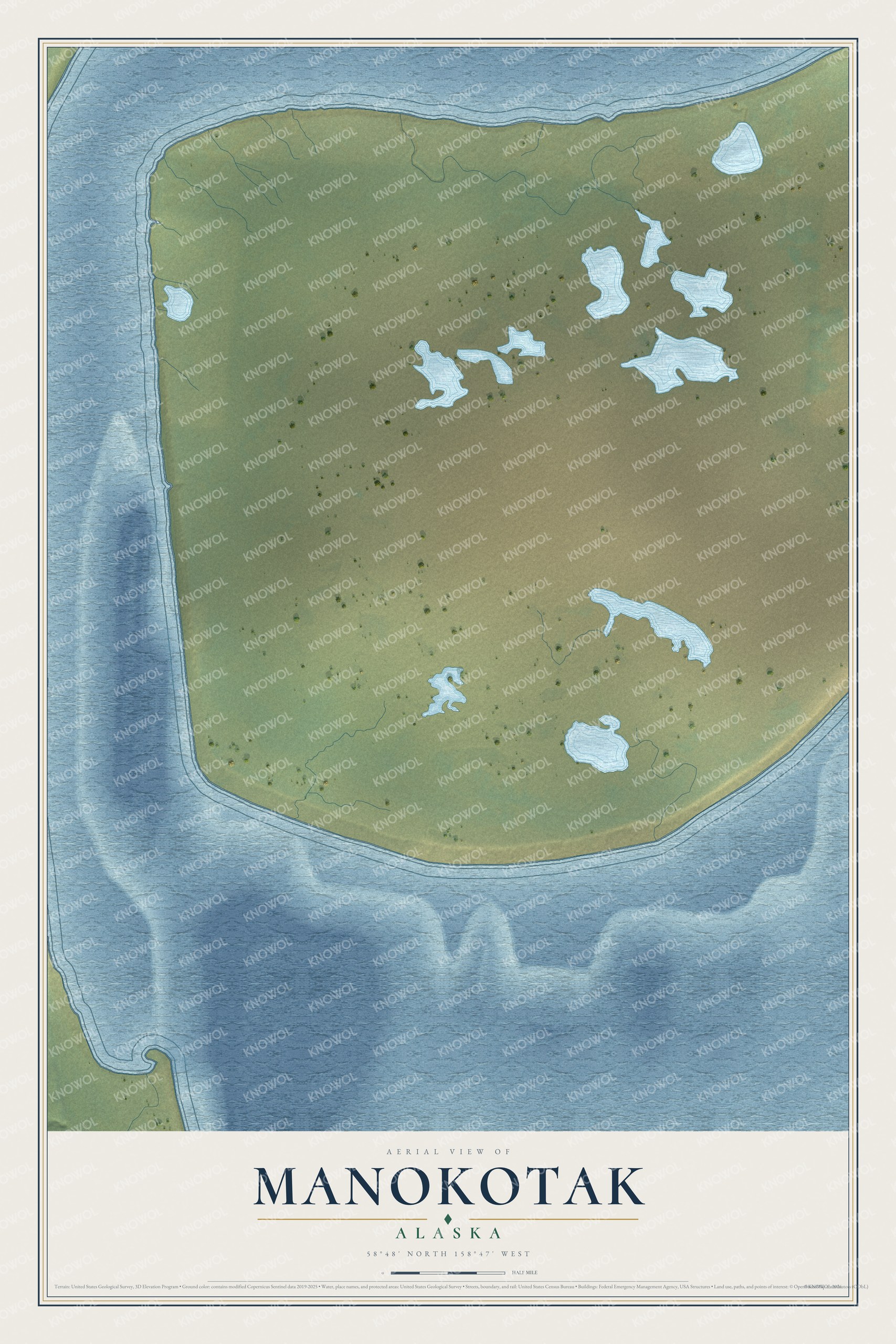 Full map of Manokotak, Alaska, with red buildings, printed street names and the land around them
