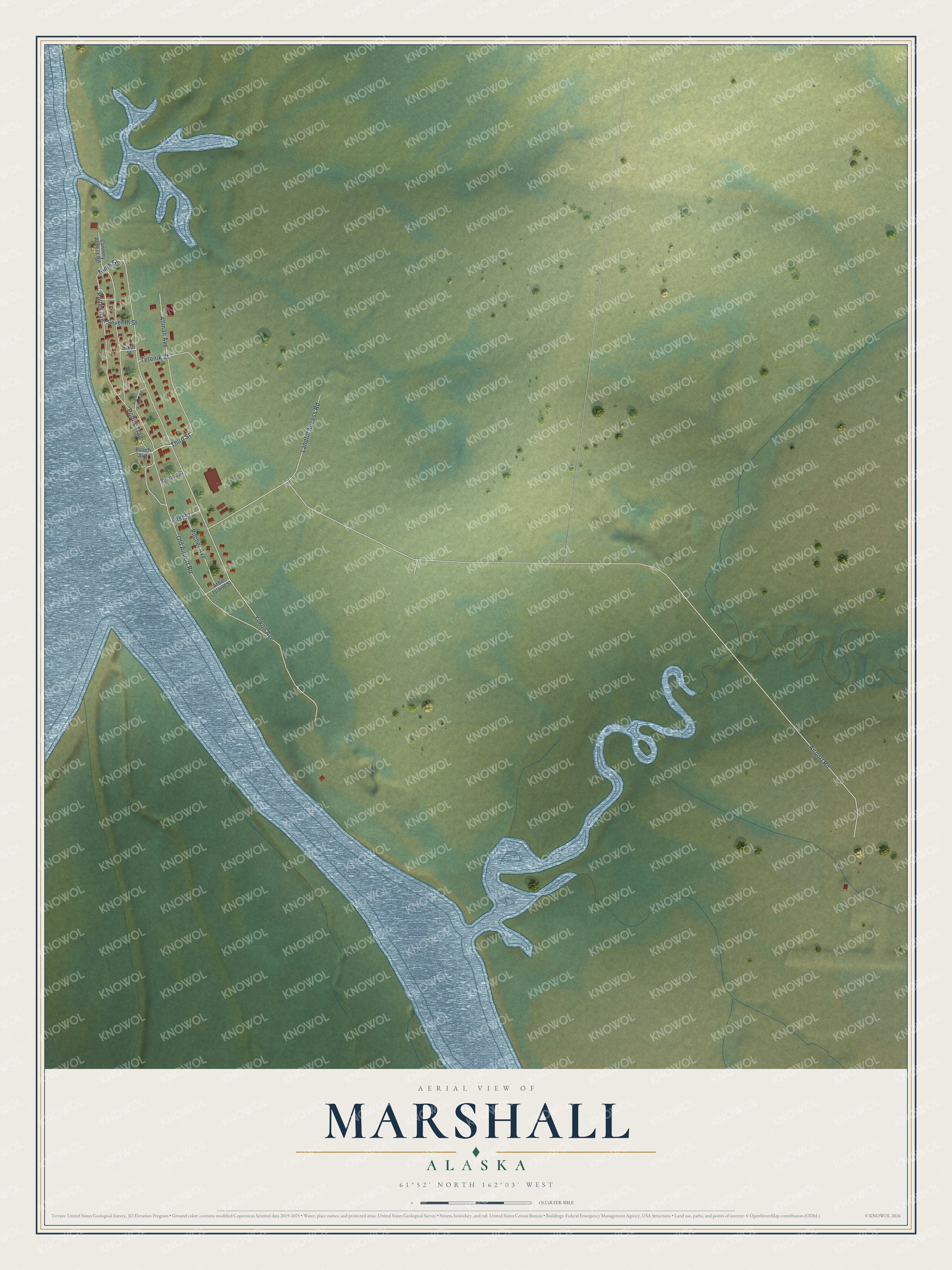 Full map of Marshall, Alaska, with red buildings, printed street names and the land around them