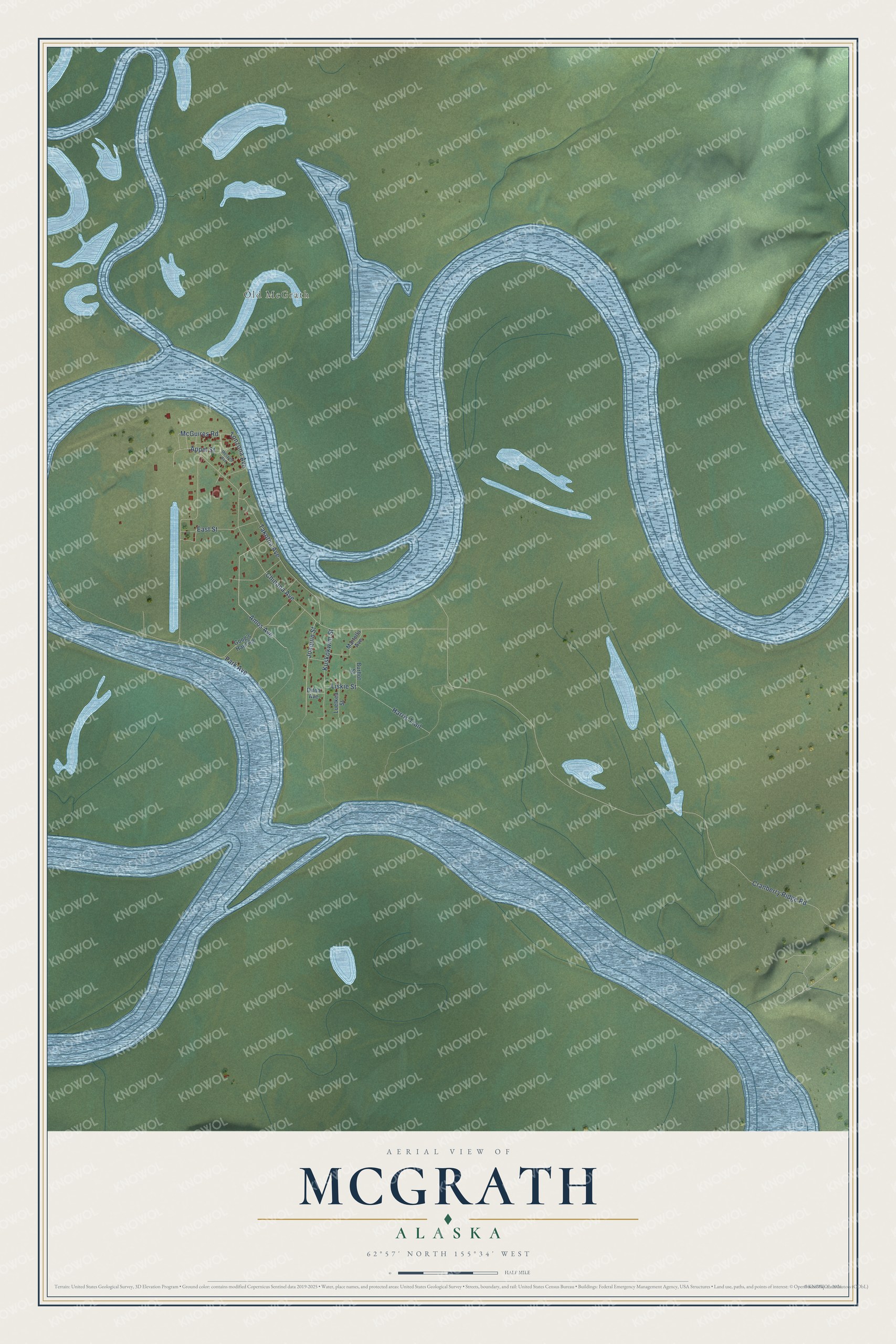 Full map of McGrath, Alaska, with red buildings, printed street names and the land around them