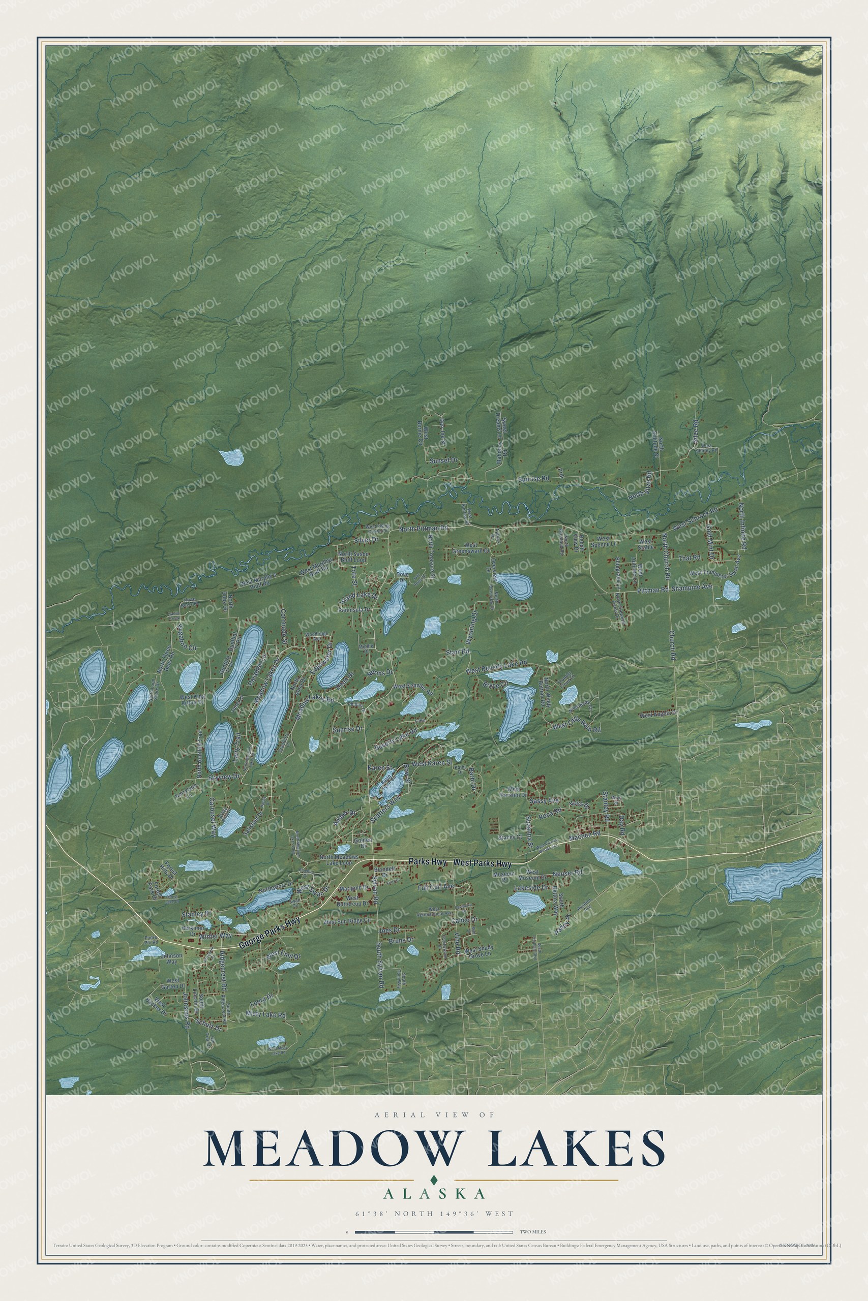 Full map of Meadow Lakes, Alaska, with red buildings, printed street names and the land around them