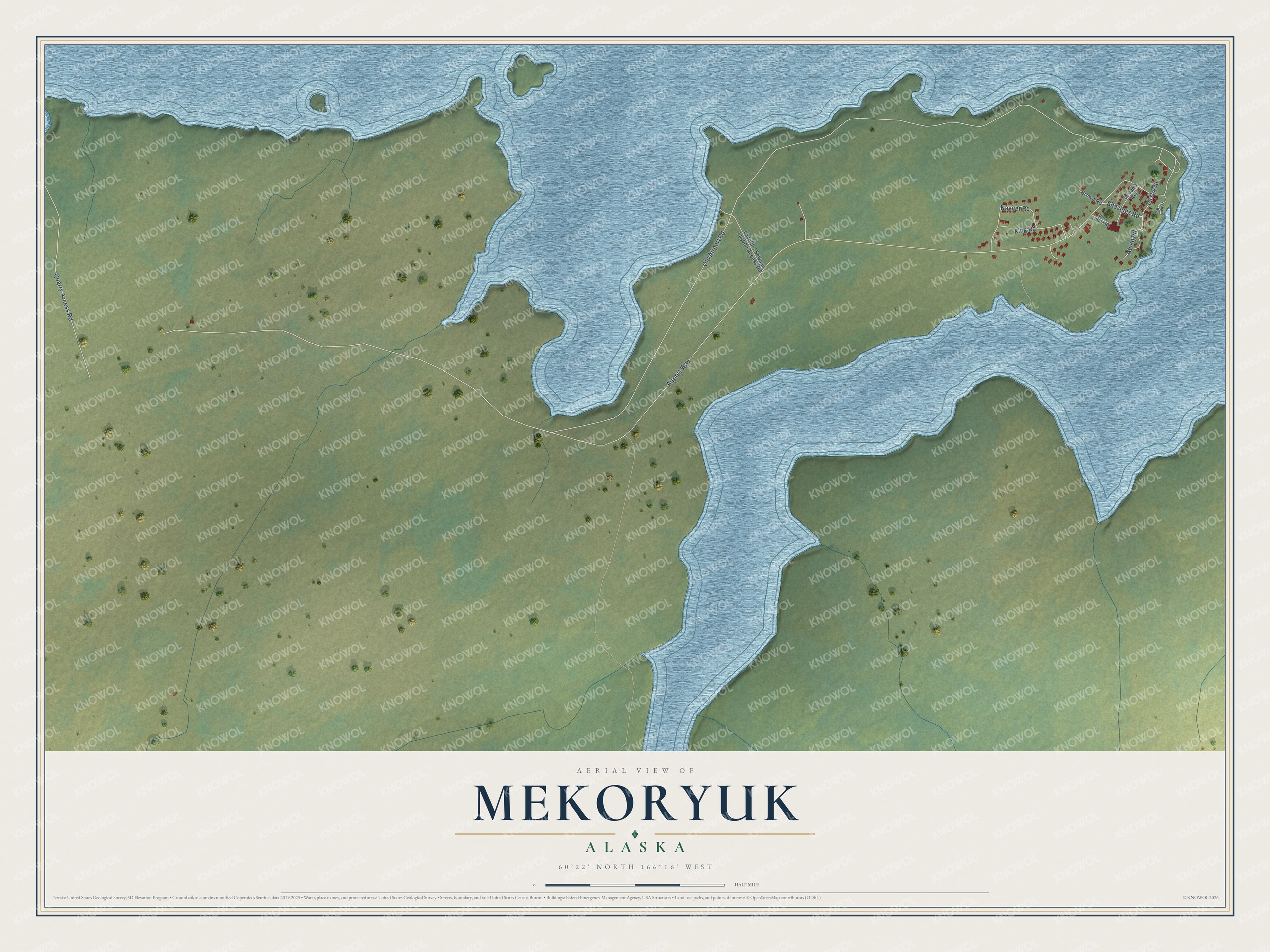Full map of Mekoryuk, Alaska, with red buildings, printed street names and the land around them