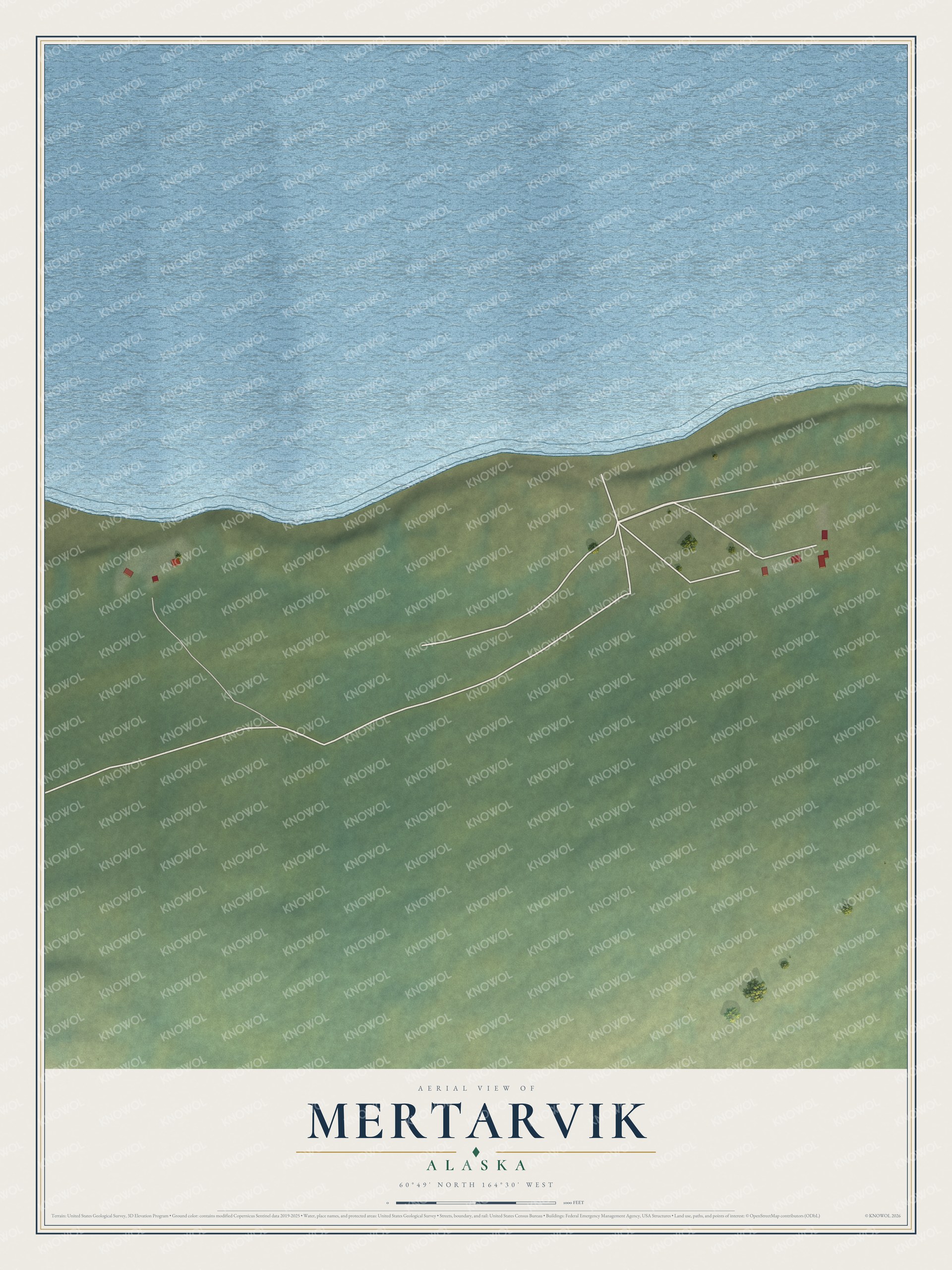 Full map of Mertarvik, Alaska, with red buildings, printed street names and the land around them