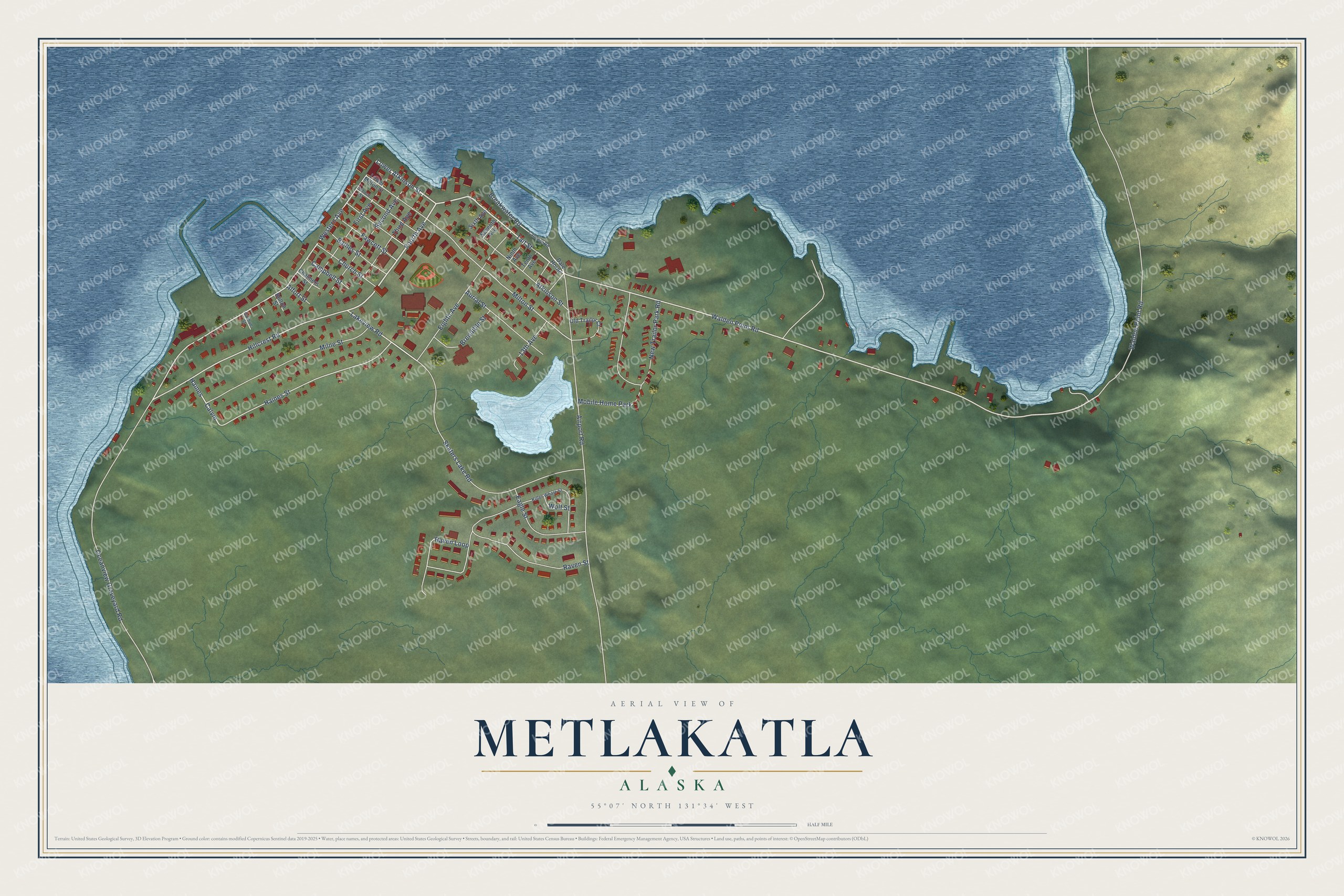 Full map of Metlakatla, Alaska, with red buildings, printed street names and the land around them