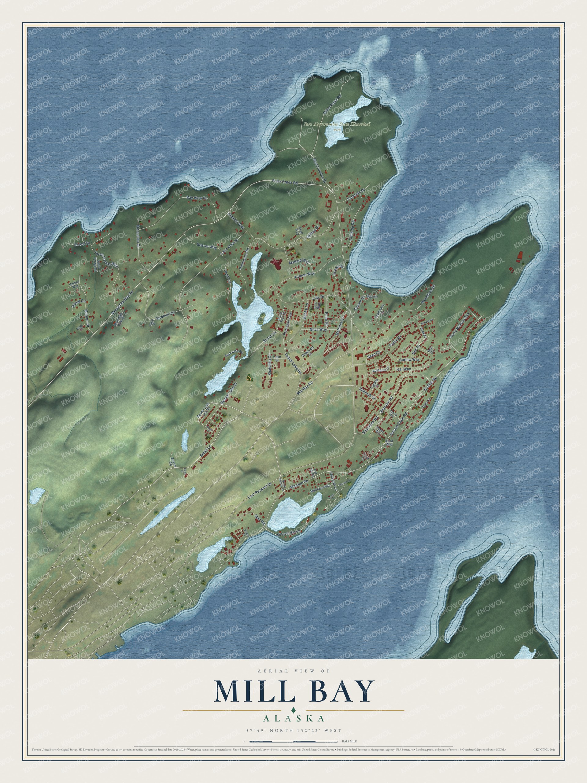 Full map of Mill Bay, Alaska, with red buildings, printed street names and the land around them