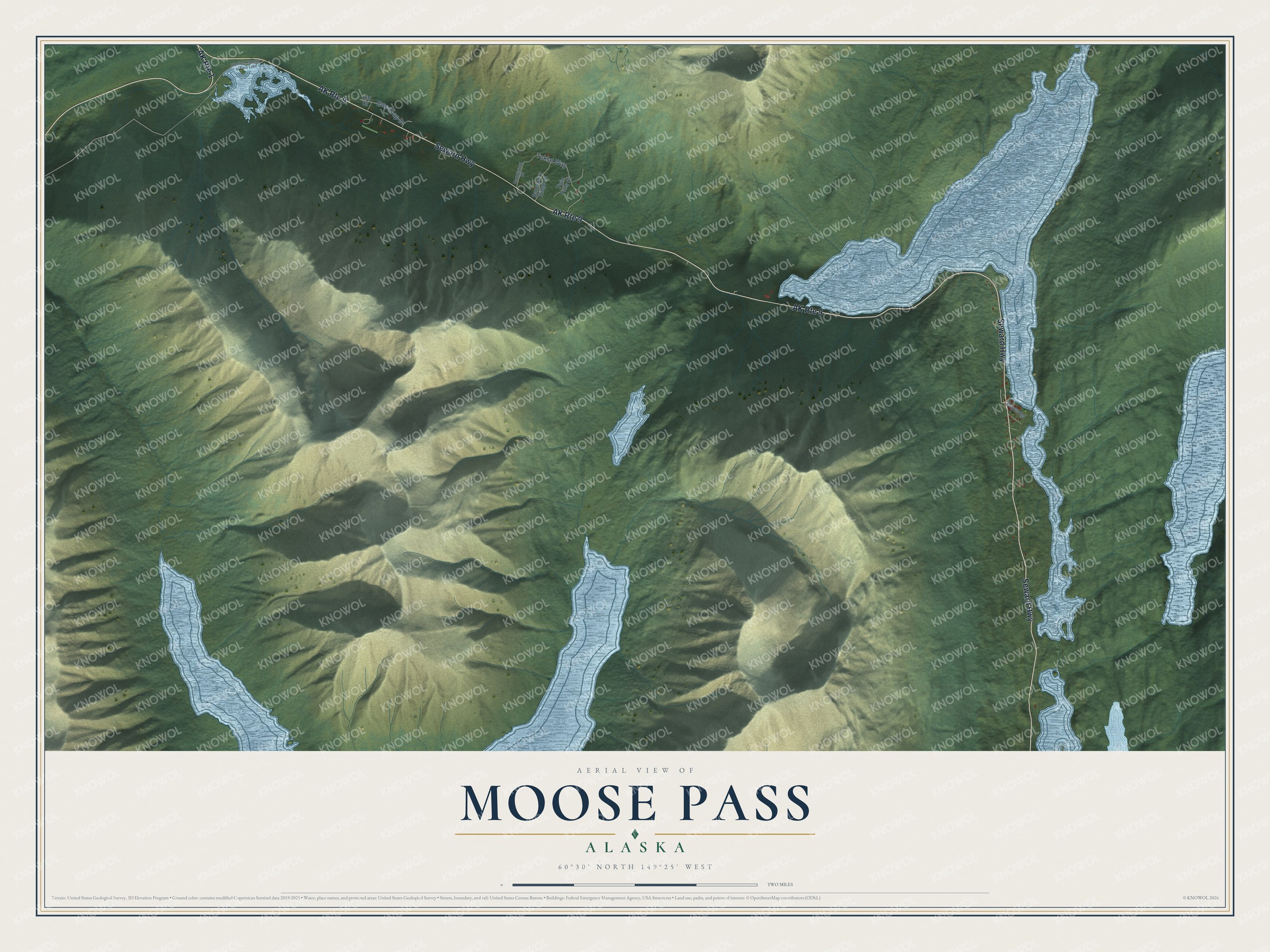 Full map of Moose Pass, Alaska, with red buildings, printed street names and the land around them
