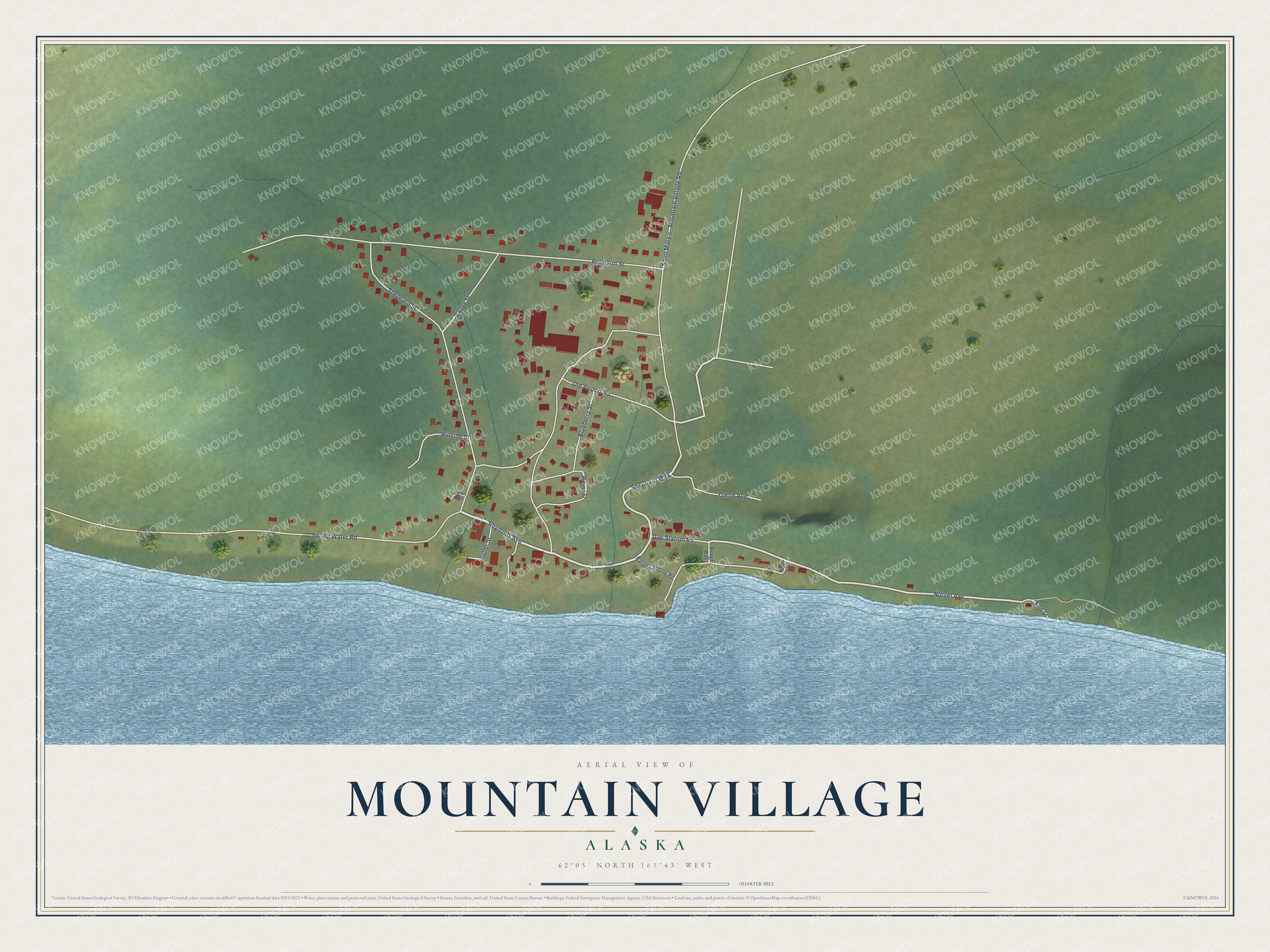 Full map of Mountain Village, Alaska, with red buildings, printed street names and the land around them