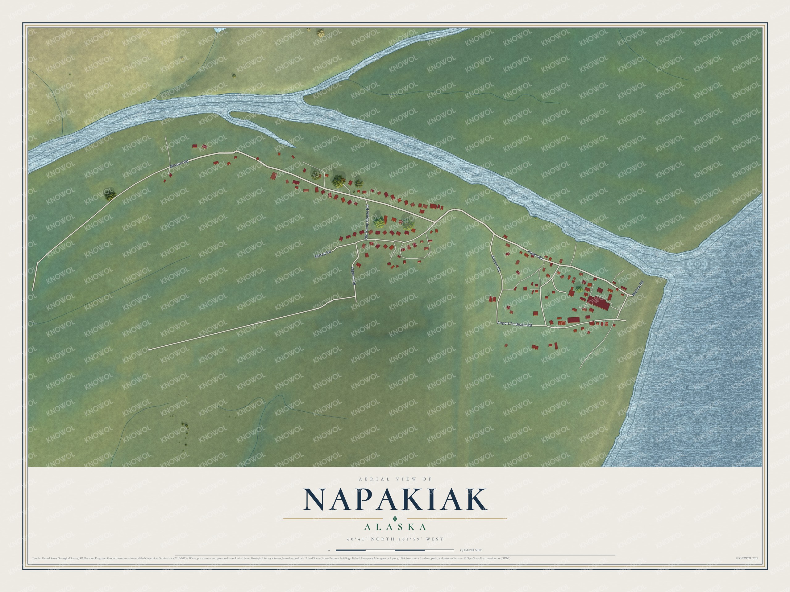 Full map of Napakiak, Alaska, with red buildings, printed street names and the land around them