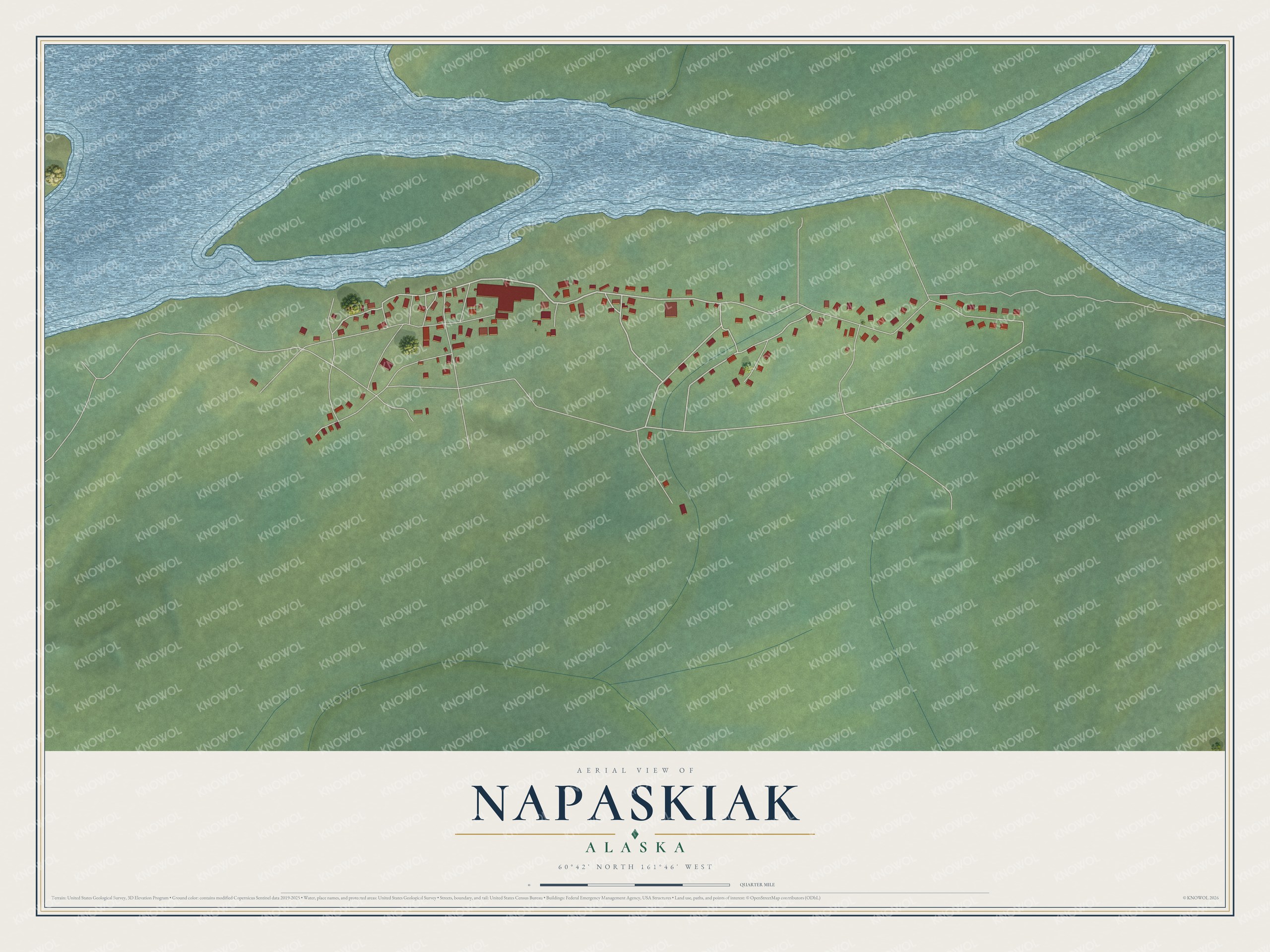 Full map of Napaskiak, Alaska, with red buildings, printed street names and the land around them