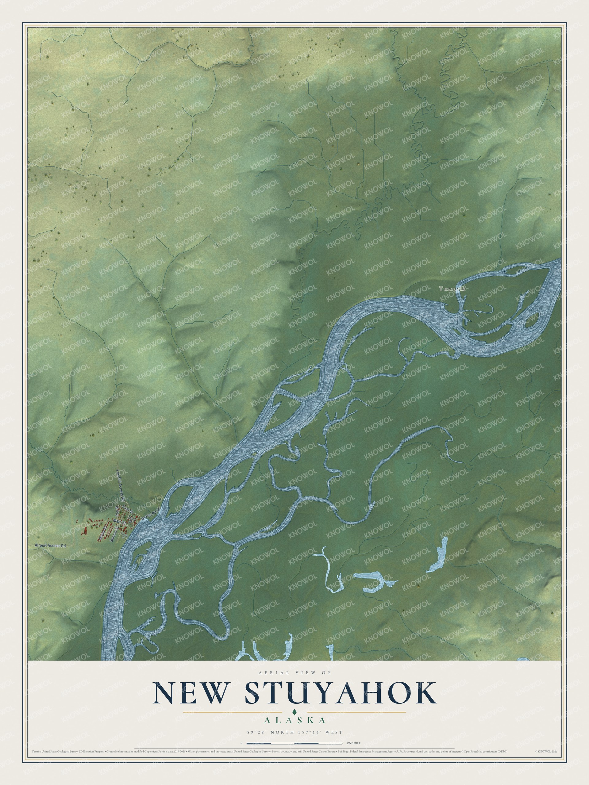 Full map of New Stuyahok, Alaska, with red buildings, printed street names and the land around them