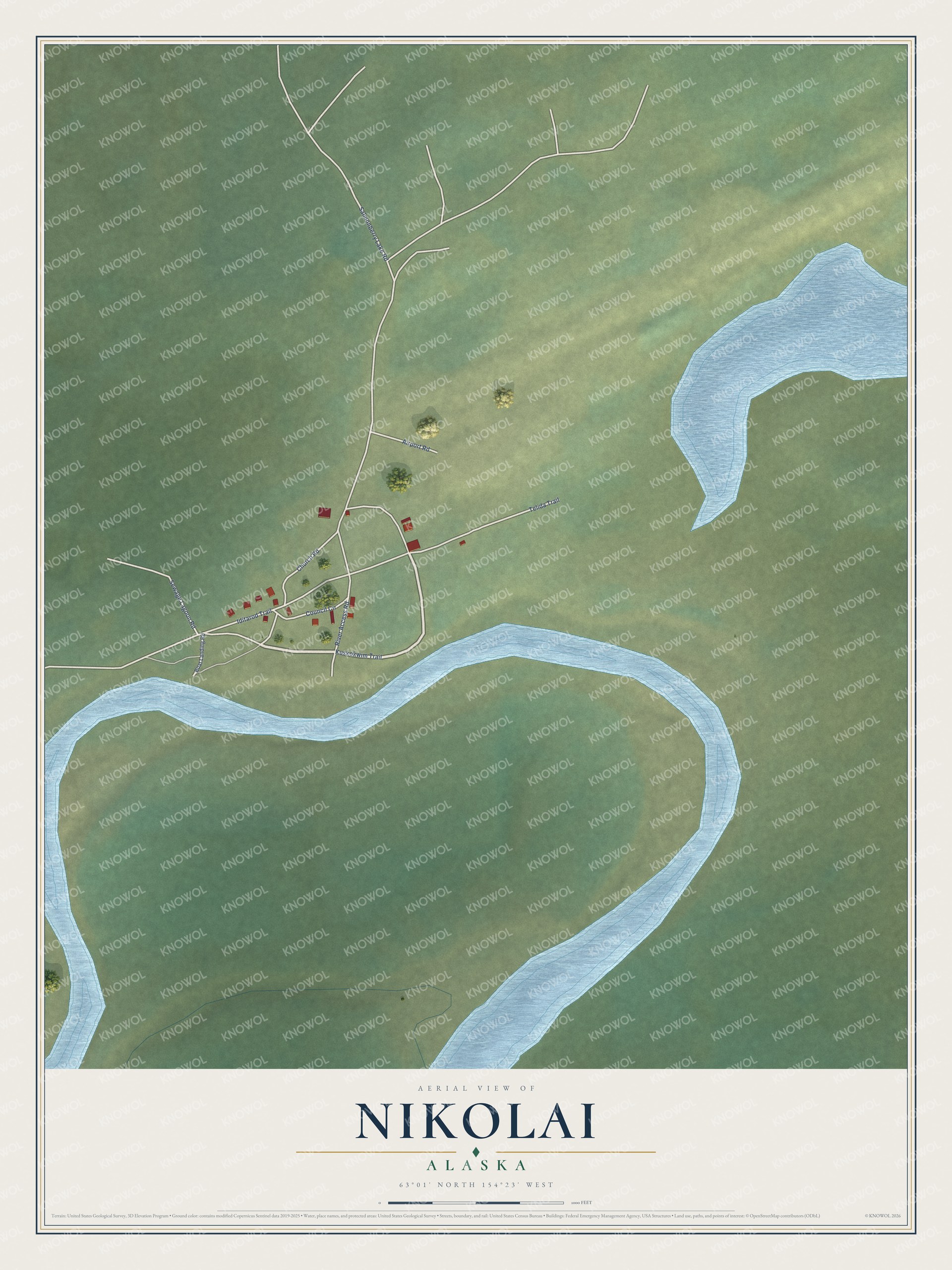 Full map of Nikolai, Alaska, with red buildings, printed street names and the land around them