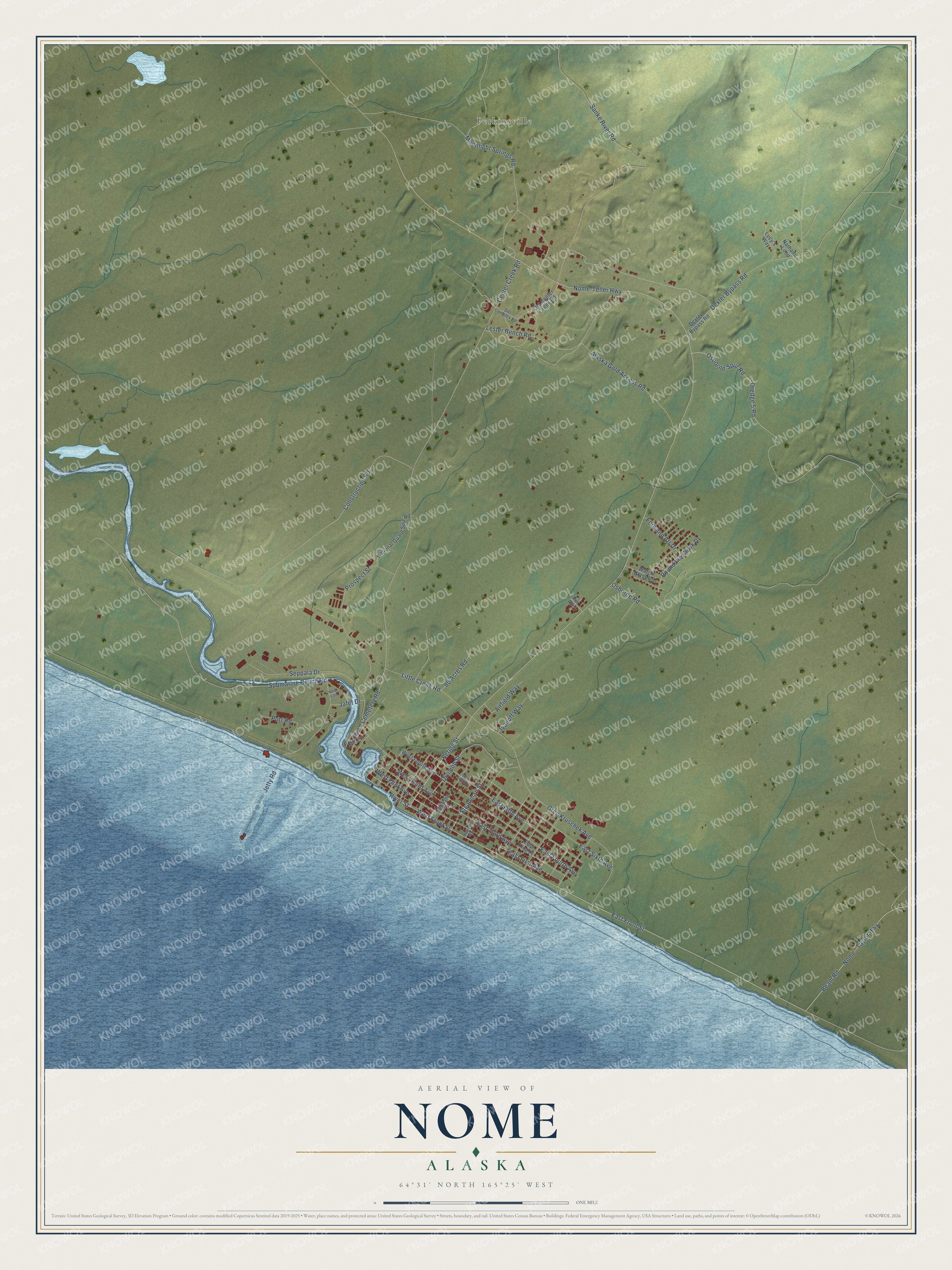 Full map of Nome, Alaska, with red buildings, printed street names and the land around them