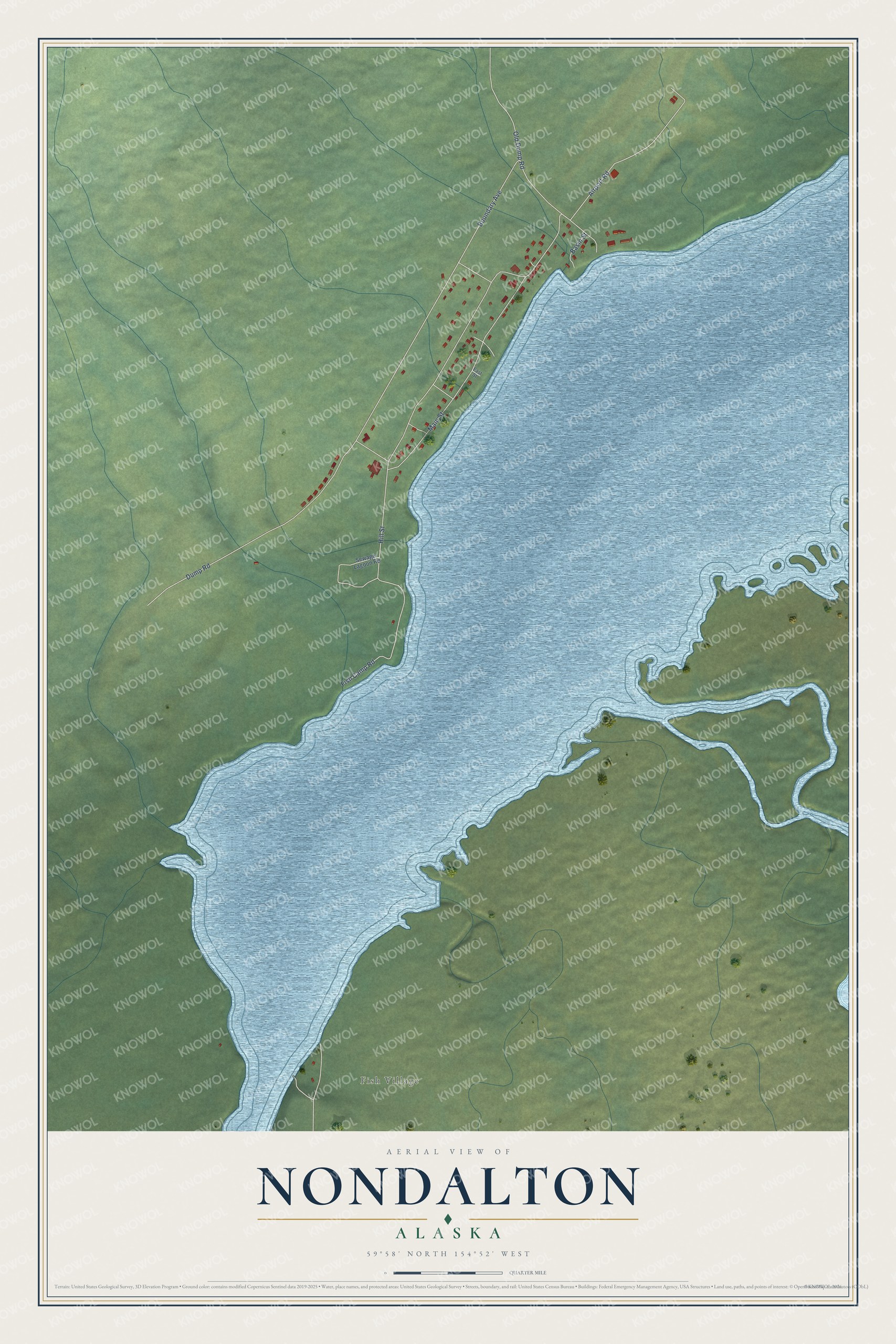 Full map of Nondalton, Alaska, with red buildings, printed street names and the land around them