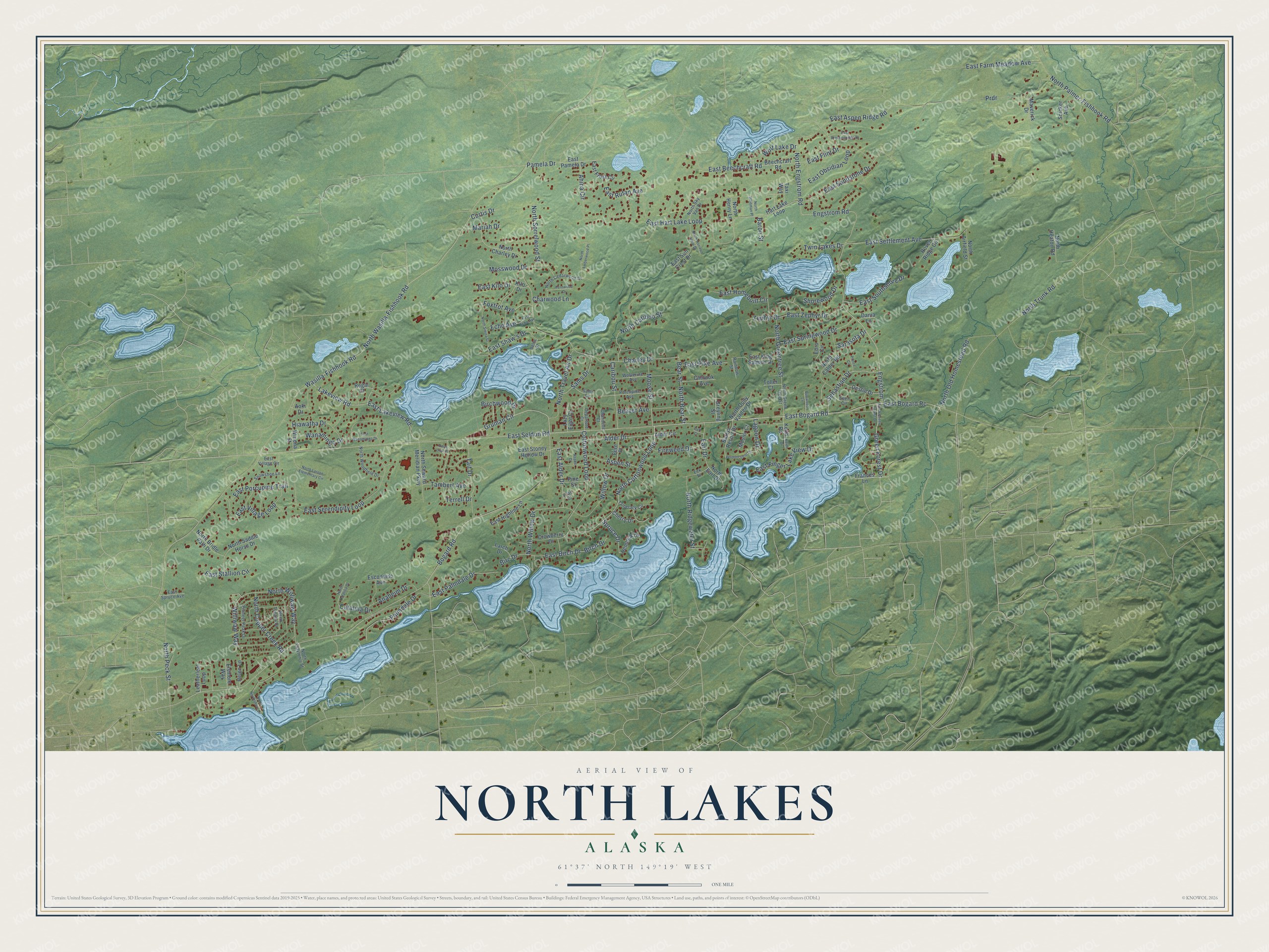 Full map of North Lakes, Alaska, with red buildings, printed street names and the land around them