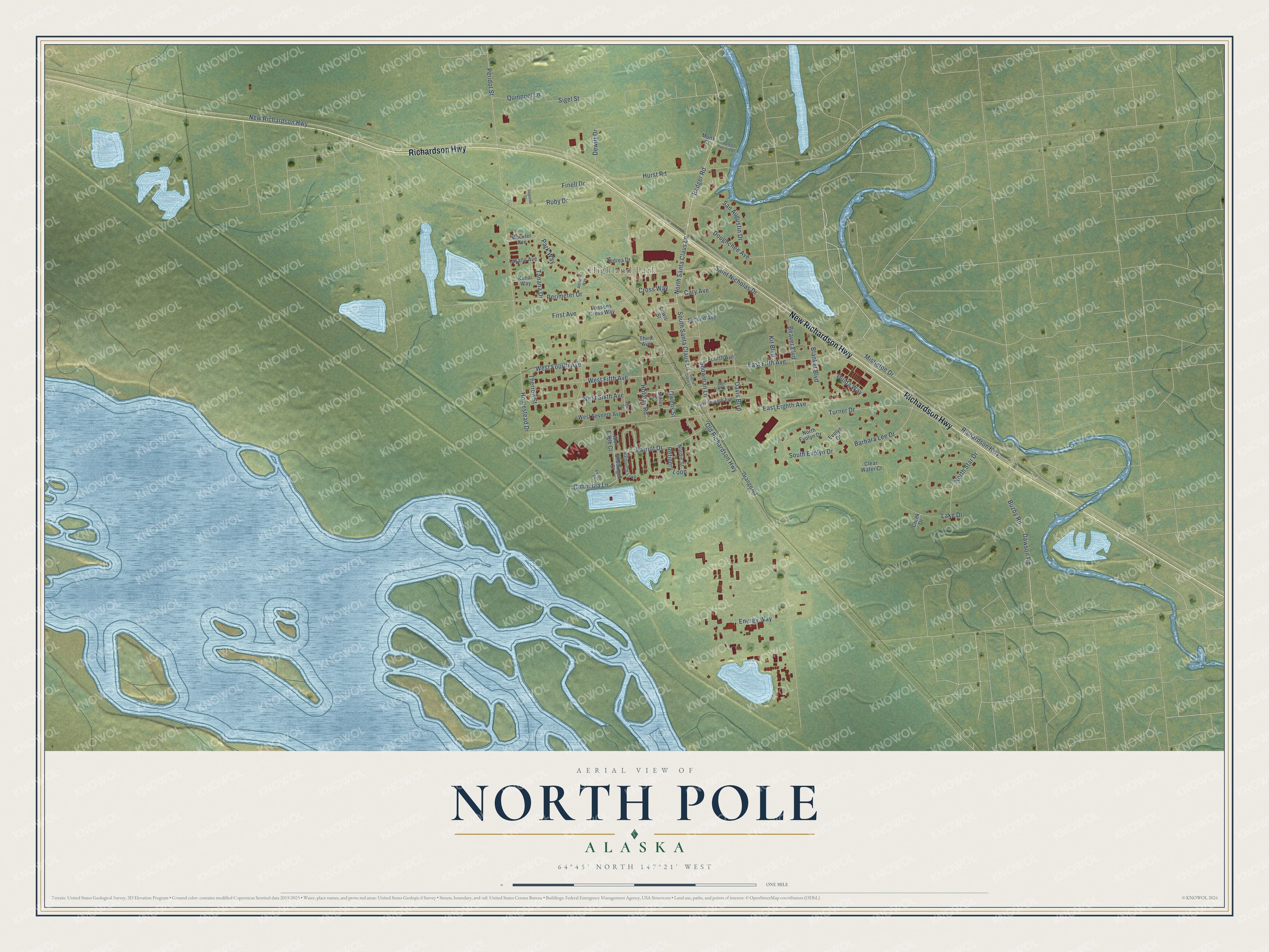 Full map of North Pole, Alaska, with red buildings, printed street names and the land around them