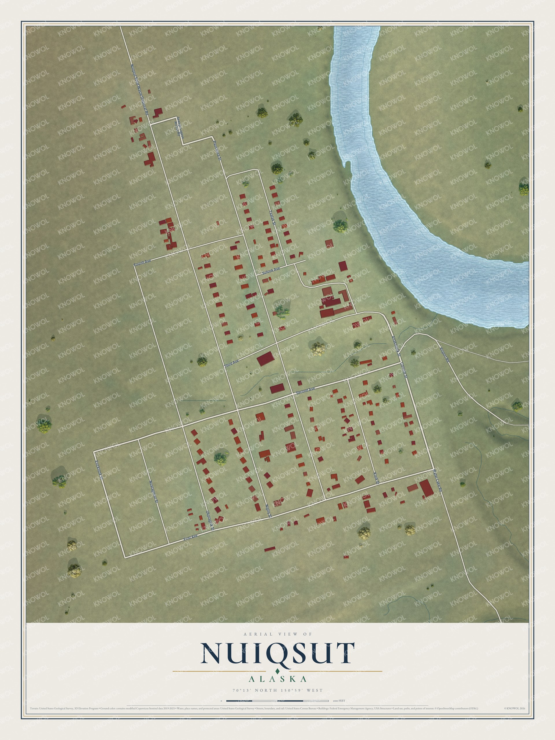 Full map of Nuiqsut, Alaska, with red buildings, printed street names and the land around them