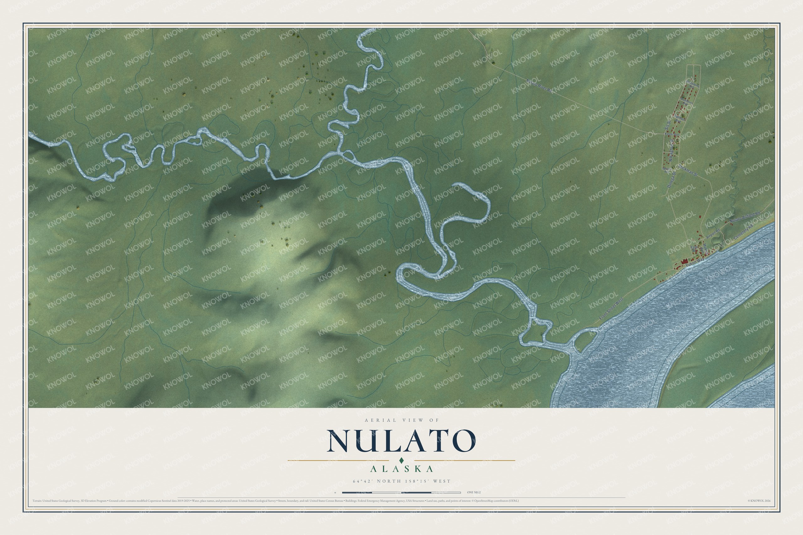 Full map of Nulato, Alaska, with red buildings, printed street names and the land around them