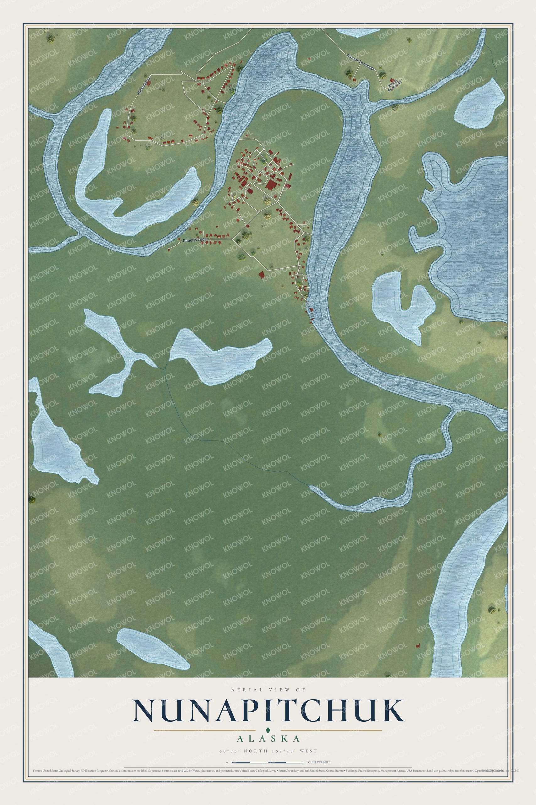 Full map of Nunapitchuk, Alaska, with red buildings, printed street names and the land around them