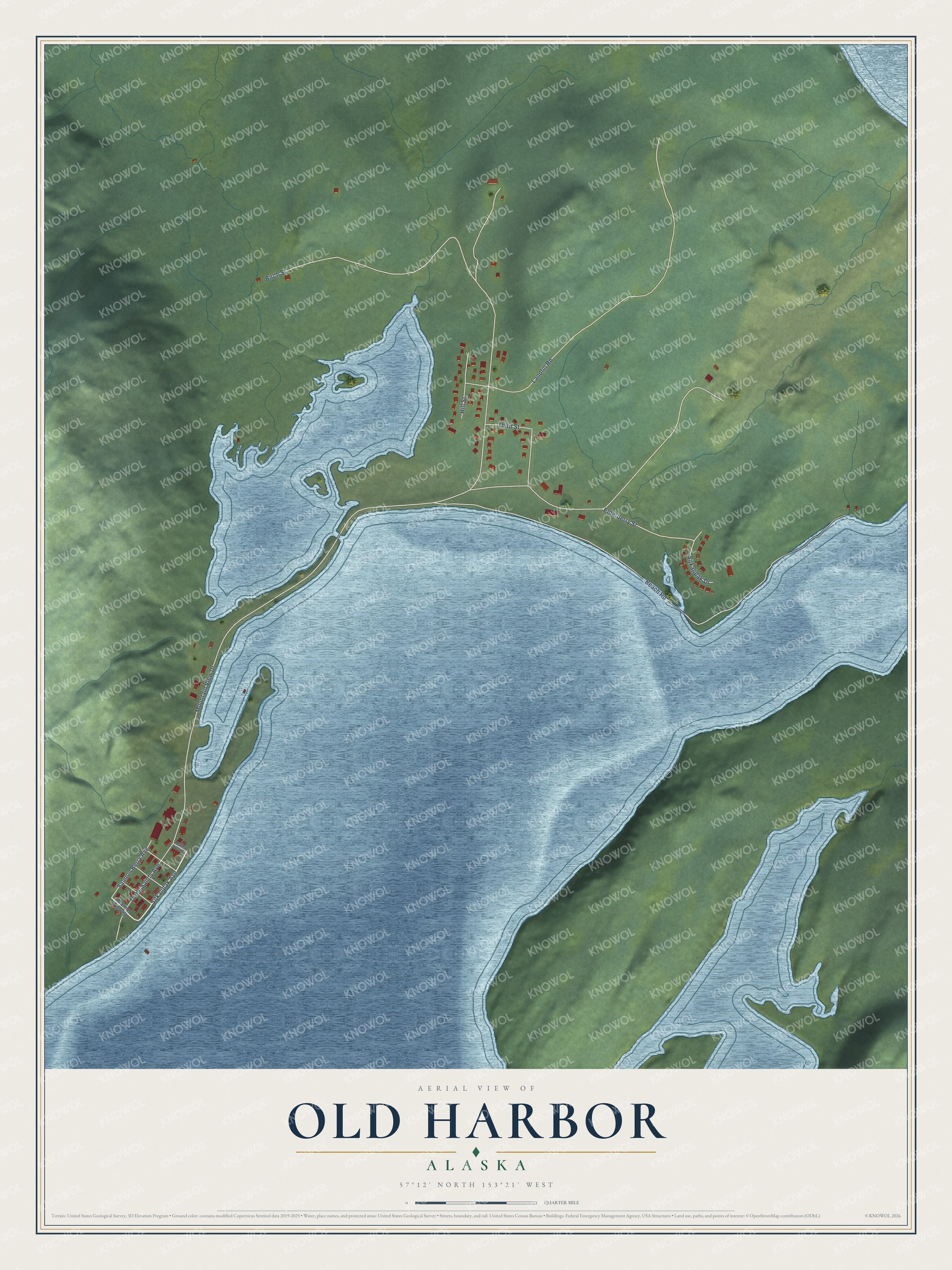 Full map of Old Harbor, Alaska, with red buildings, printed street names and the land around them