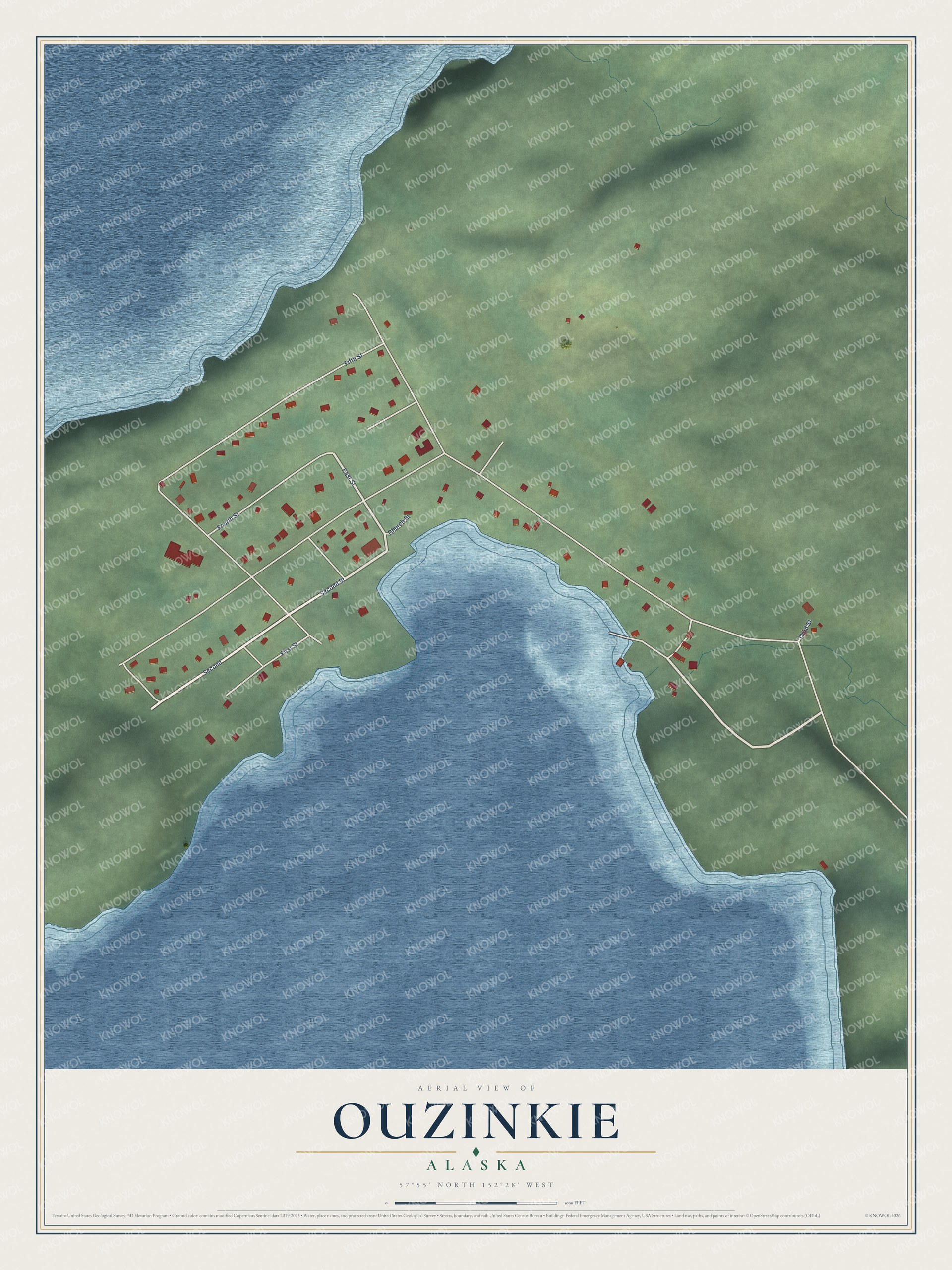 Full map of Ouzinkie, Alaska, with red buildings, printed street names and the land around them