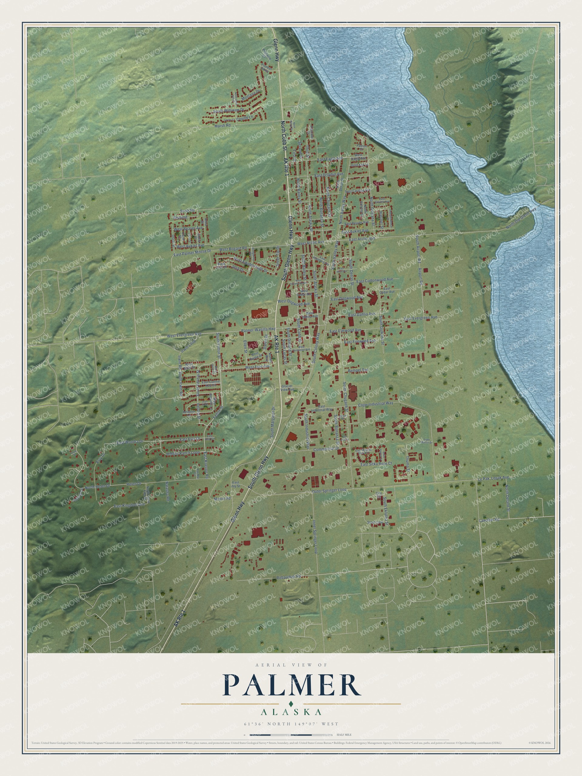 Full map of Palmer, Alaska, with red buildings, printed street names and the land around them