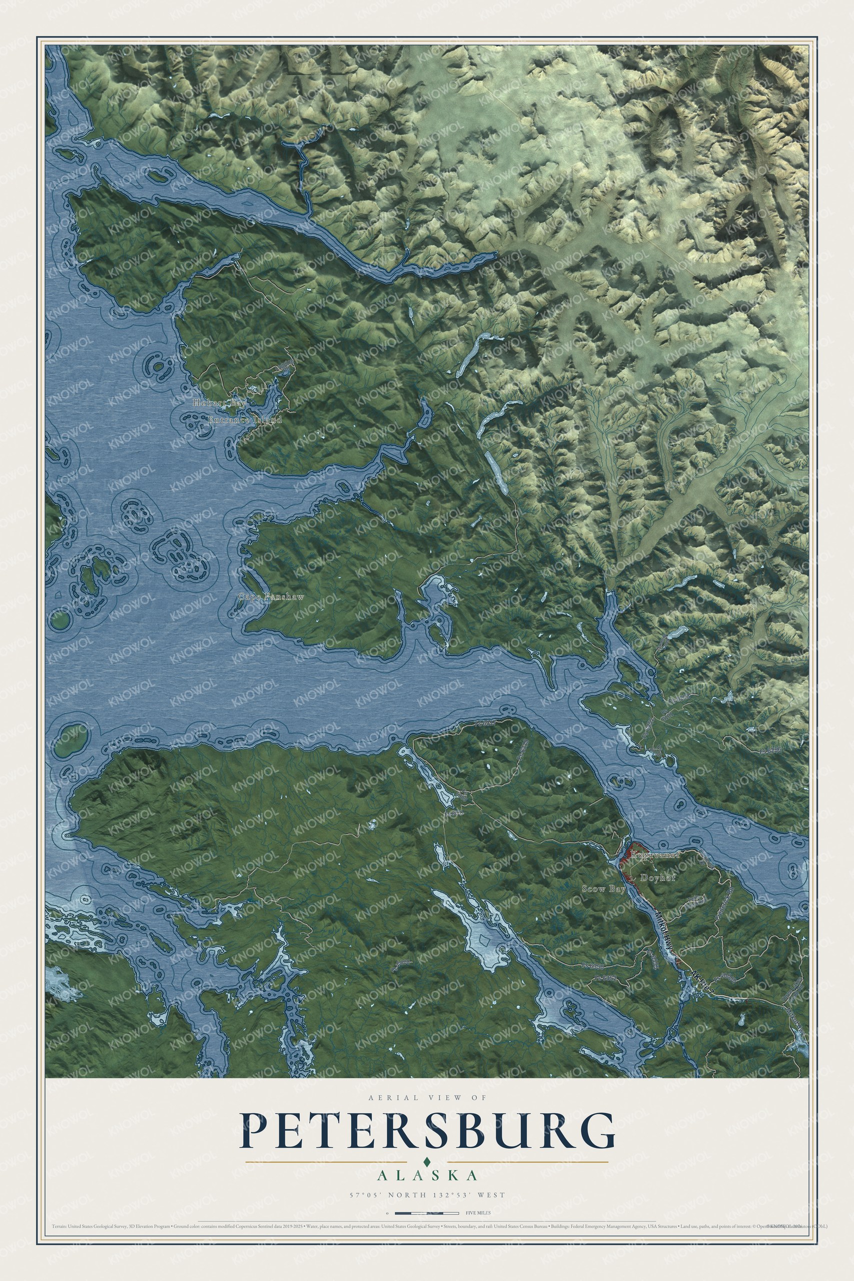 Full map of Petersburg, Alaska, with red buildings, printed street names and the land around them