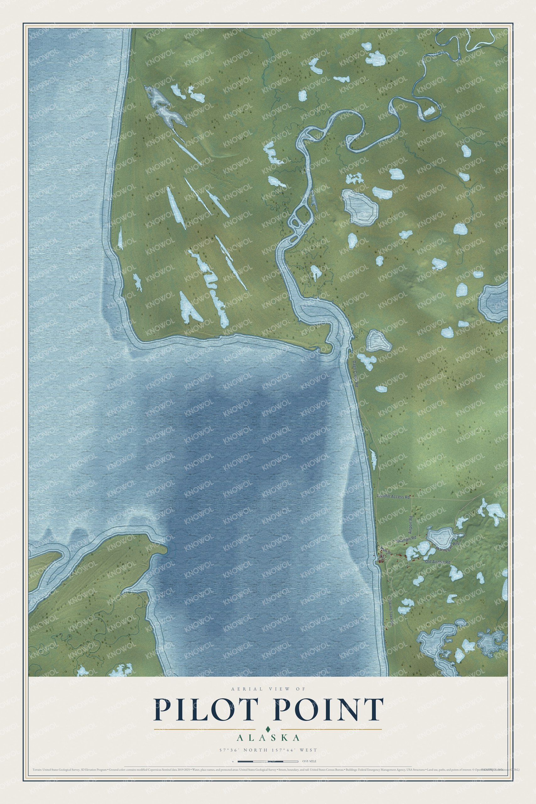 Full map of Pilot Point, Alaska, with red buildings, printed street names and the land around them