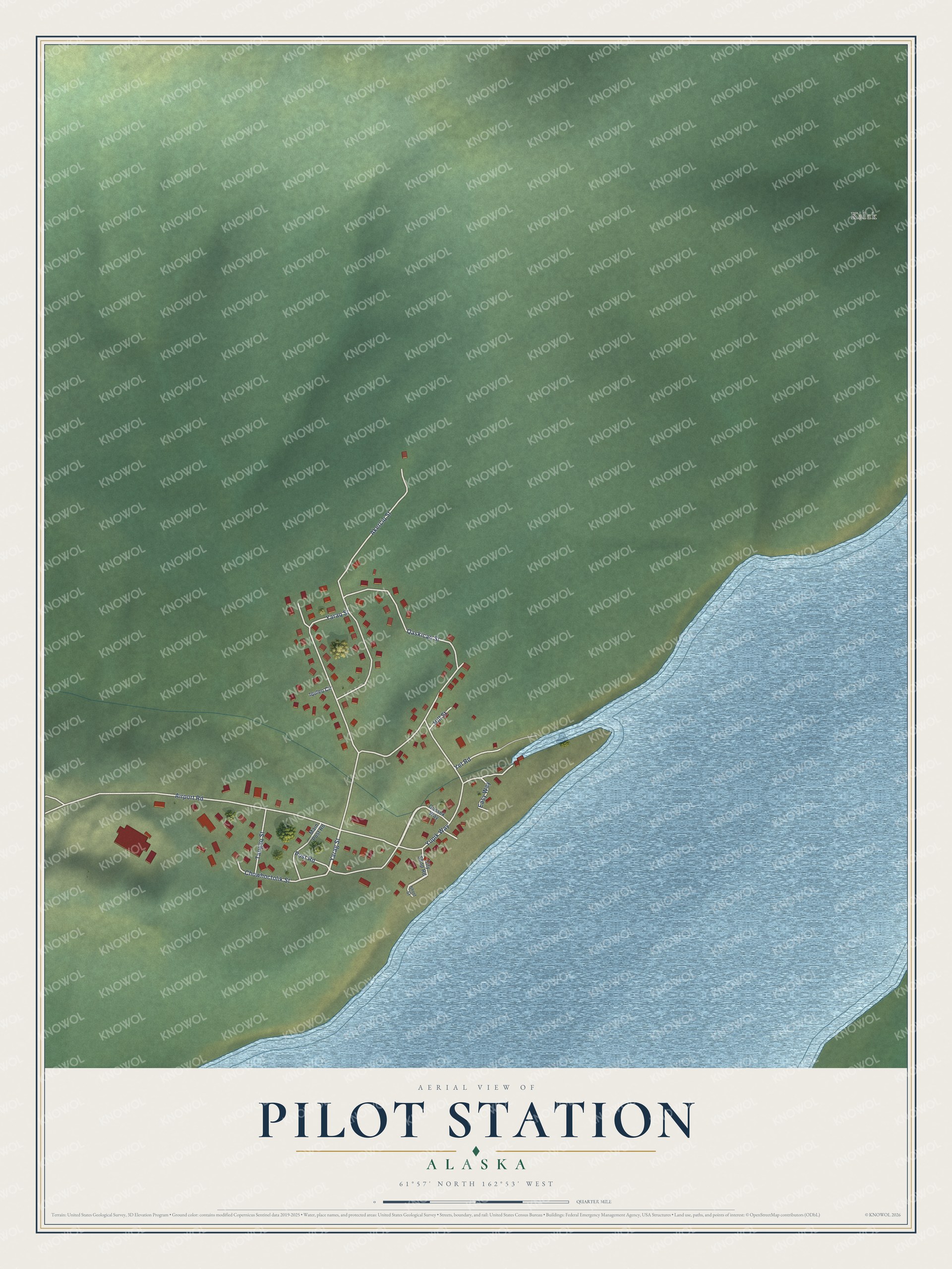 Full map of Pilot Station, Alaska, with red buildings, printed street names and the land around them
