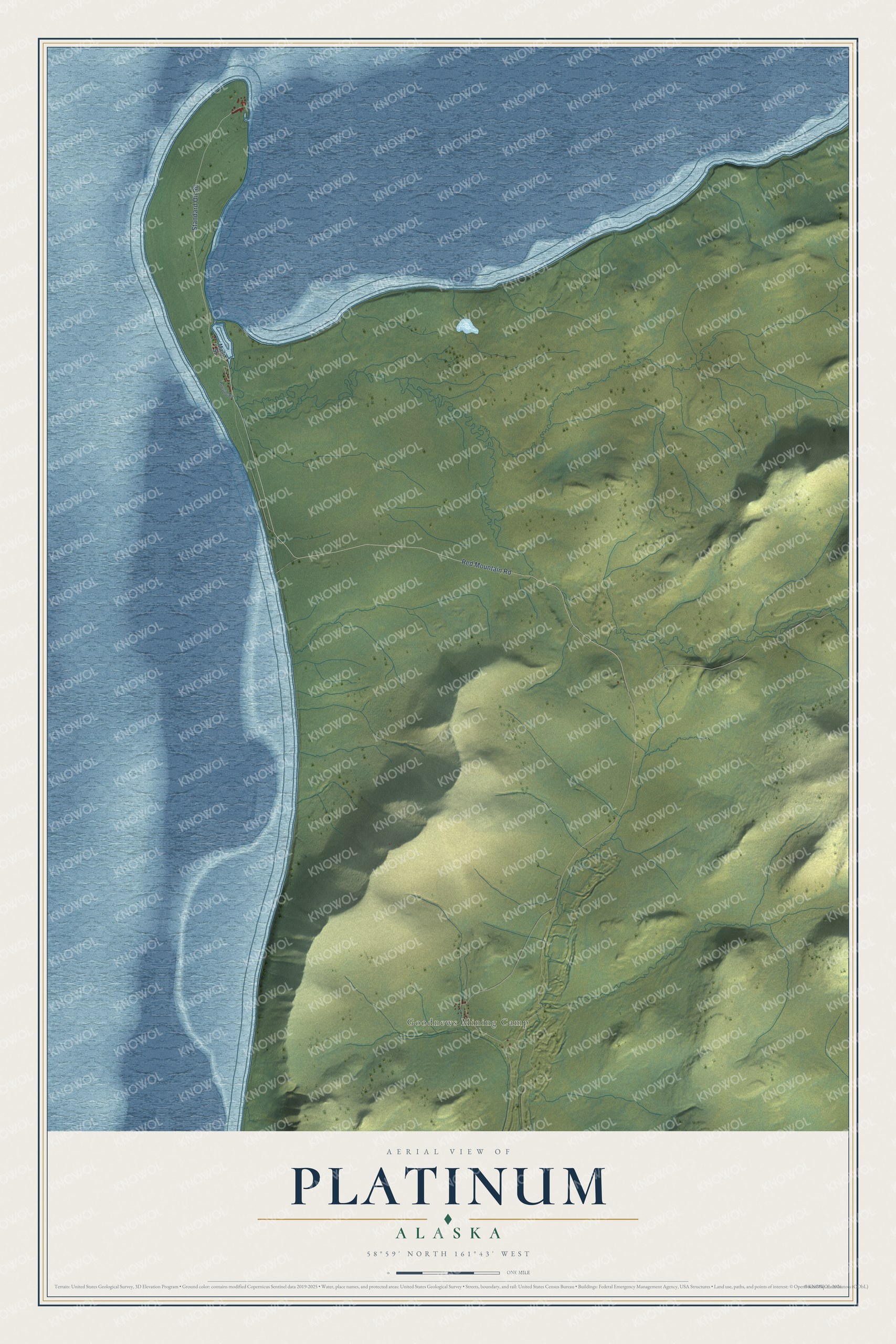 Full map of Platinum, Alaska, with red buildings, printed street names and the land around them