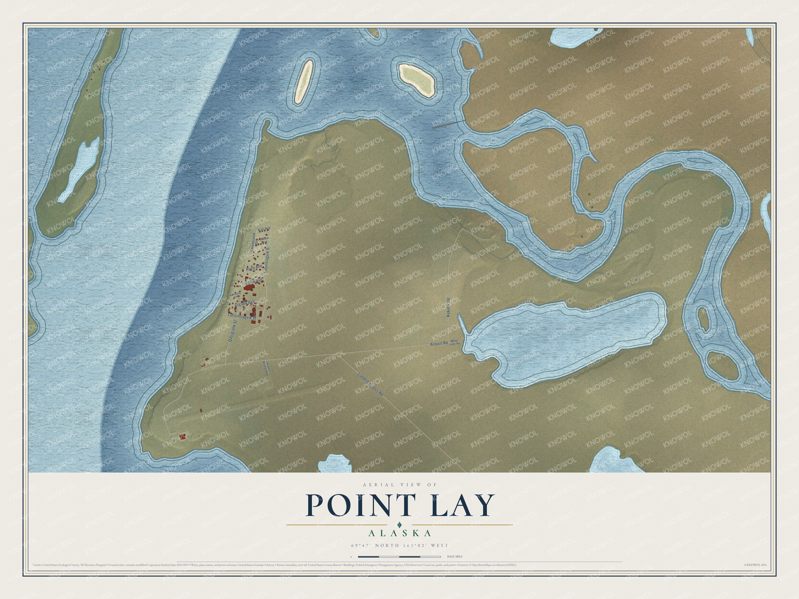 Full map of Point Lay, Alaska, with red buildings, printed street names and the land around them