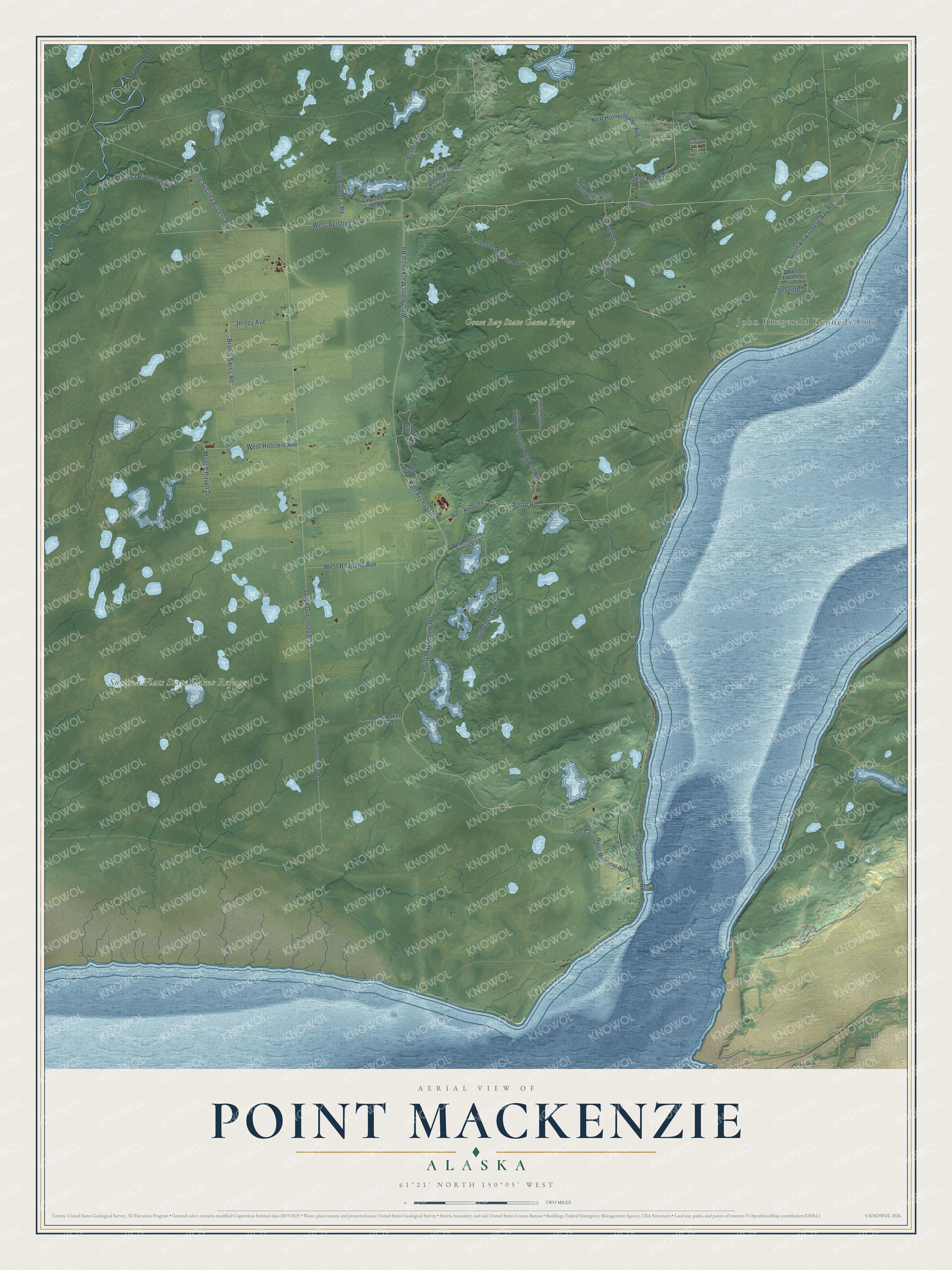 Full map of Point MacKenzie, Alaska, with red buildings, printed street names and the land around them