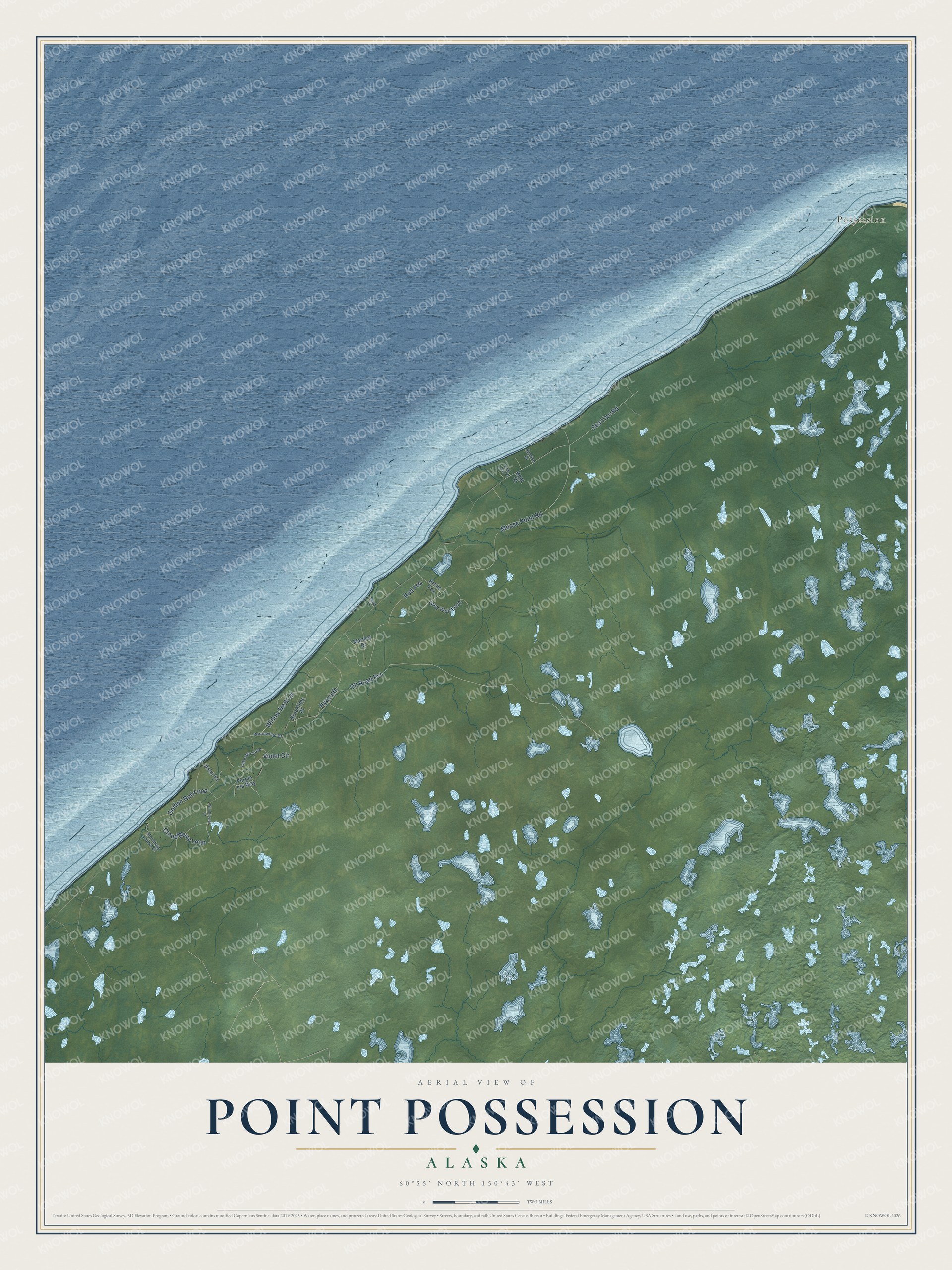Full map of Point Possession, Alaska, with red buildings, printed street names and the land around them