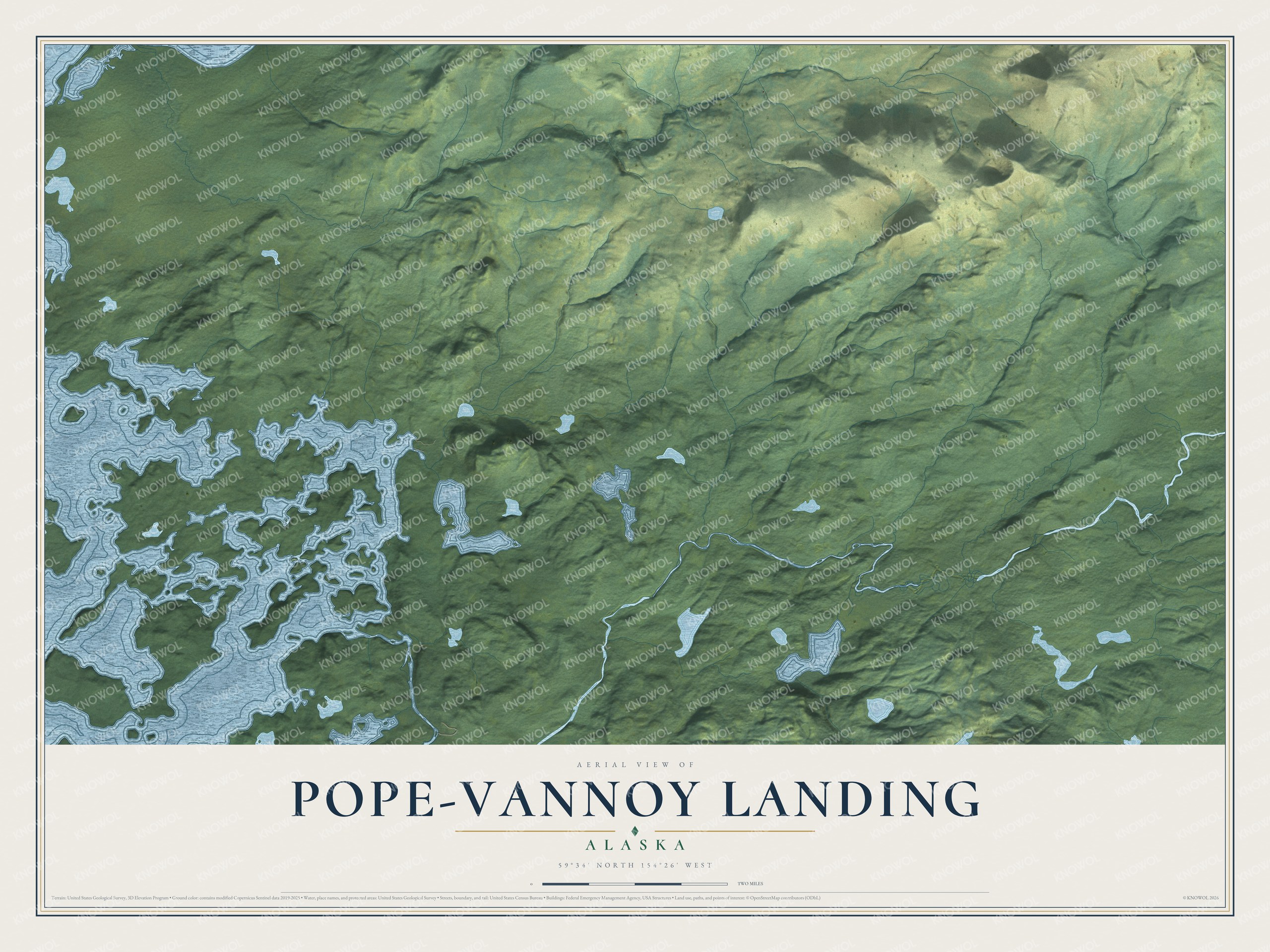 Full map of Pope-Vannoy Landing, Alaska, with red buildings, printed street names and the land around them