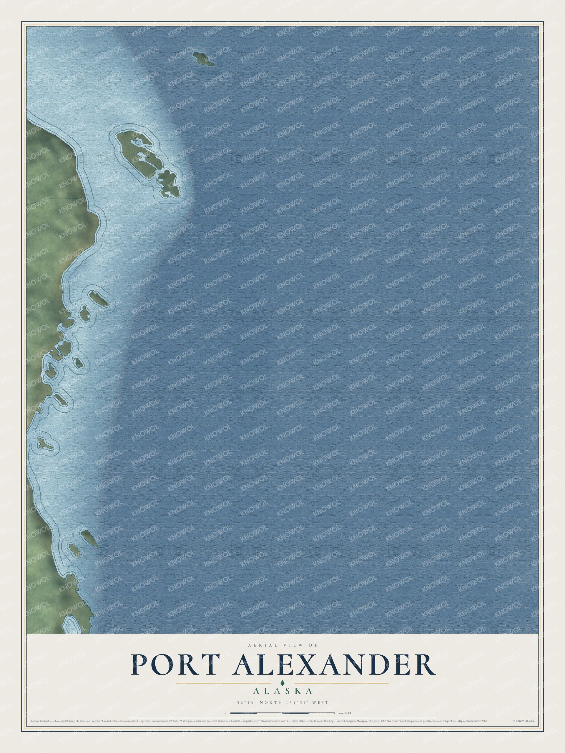 Full map of Port Alexander, Alaska, with red buildings, printed street names and the land around them